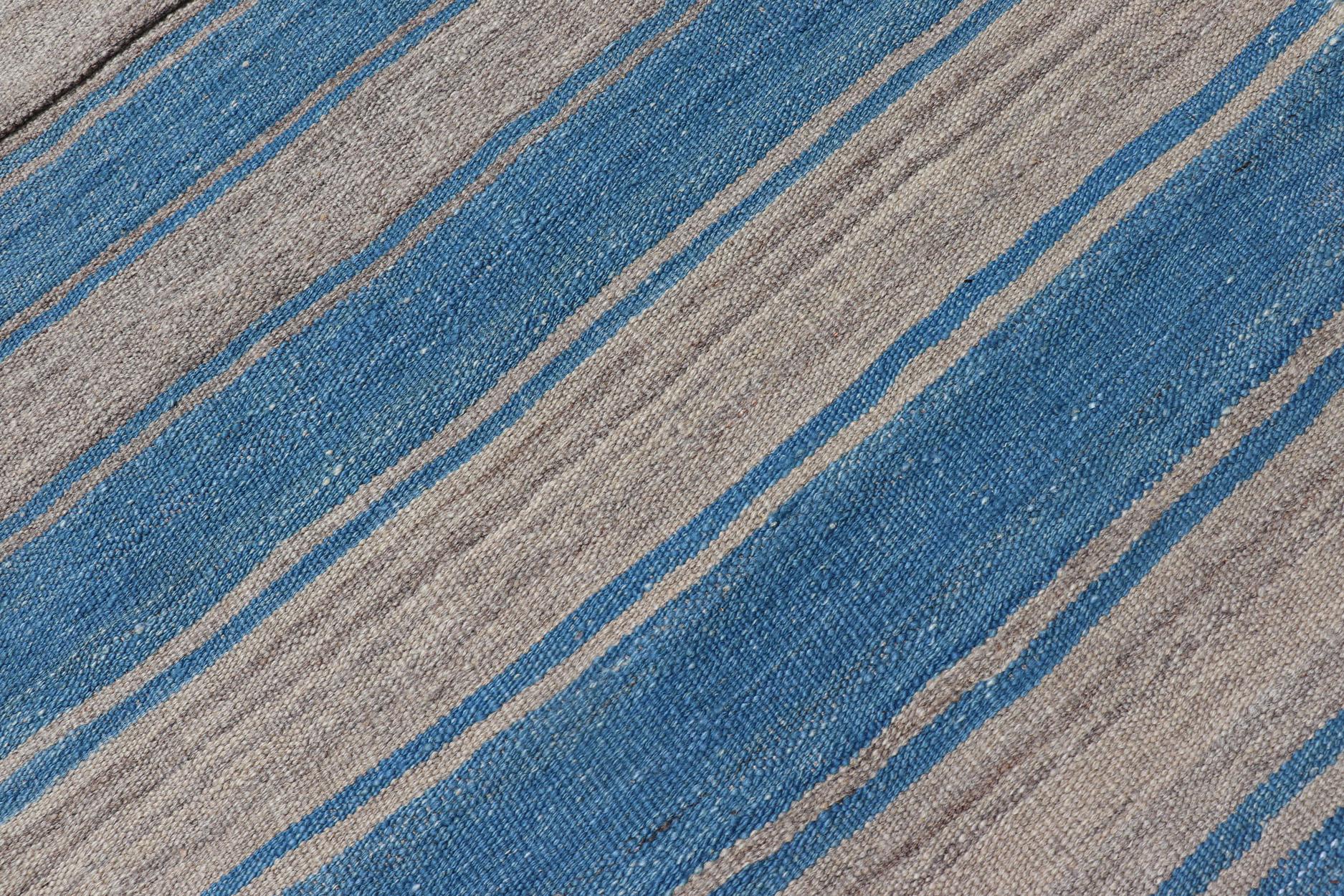 Contemporary Flat-Weave Modern Kilim Rug with Stripes in Shades of Blue and Gray