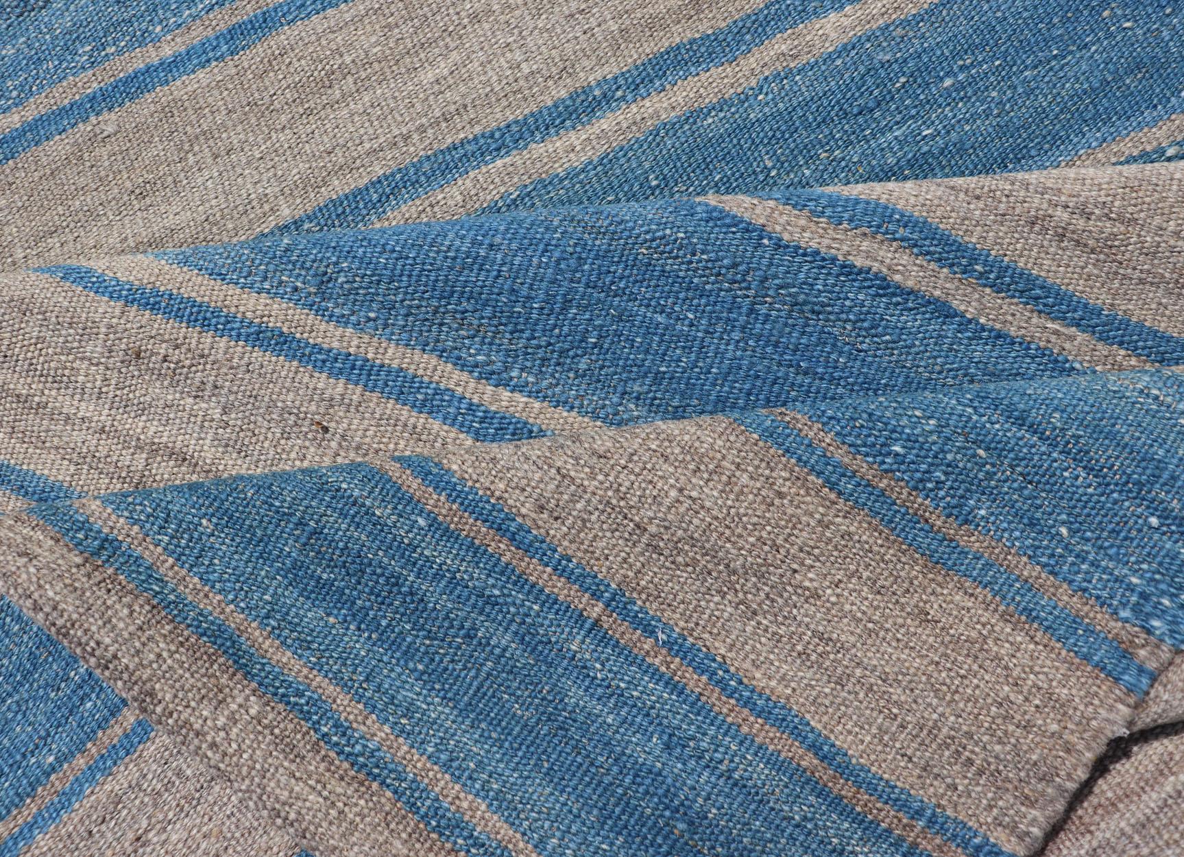 Wool Flat-Weave Modern Kilim Rug with Stripes in Shades of Blue and Gray For Sale