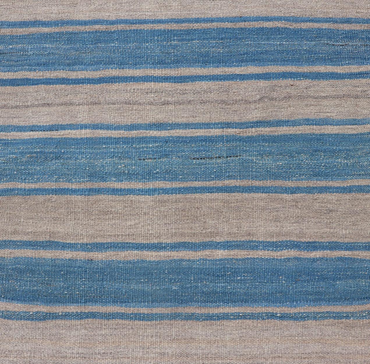 Flat-Weave Modern Kilim Rug with Stripes in Shades of Blue and Gray For Sale 1