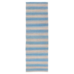 Alfombra Kilim Moderna de Tejido Plano con Rayas en Tonos Azules y Grises