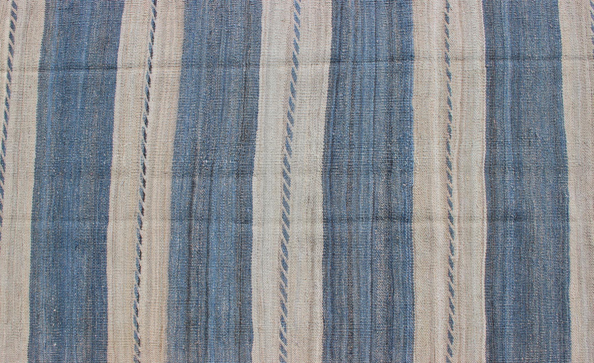 Afghan Flat-Weave Modern Kilim Rug with Stripes in Shades of Blue and Ivory