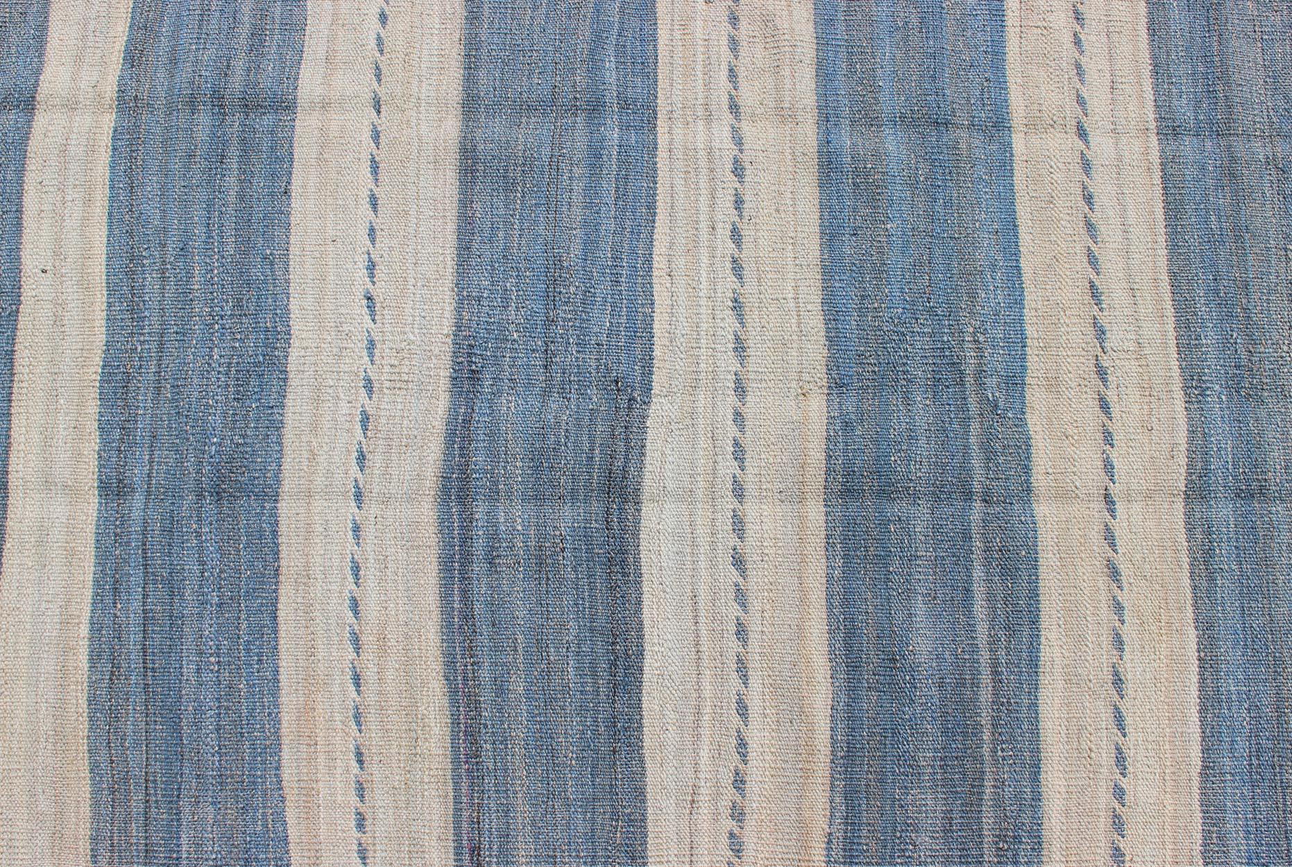Hand-Knotted Flat-Weave Modern Kilim Rug with Stripes in Shades of Blue and Ivory