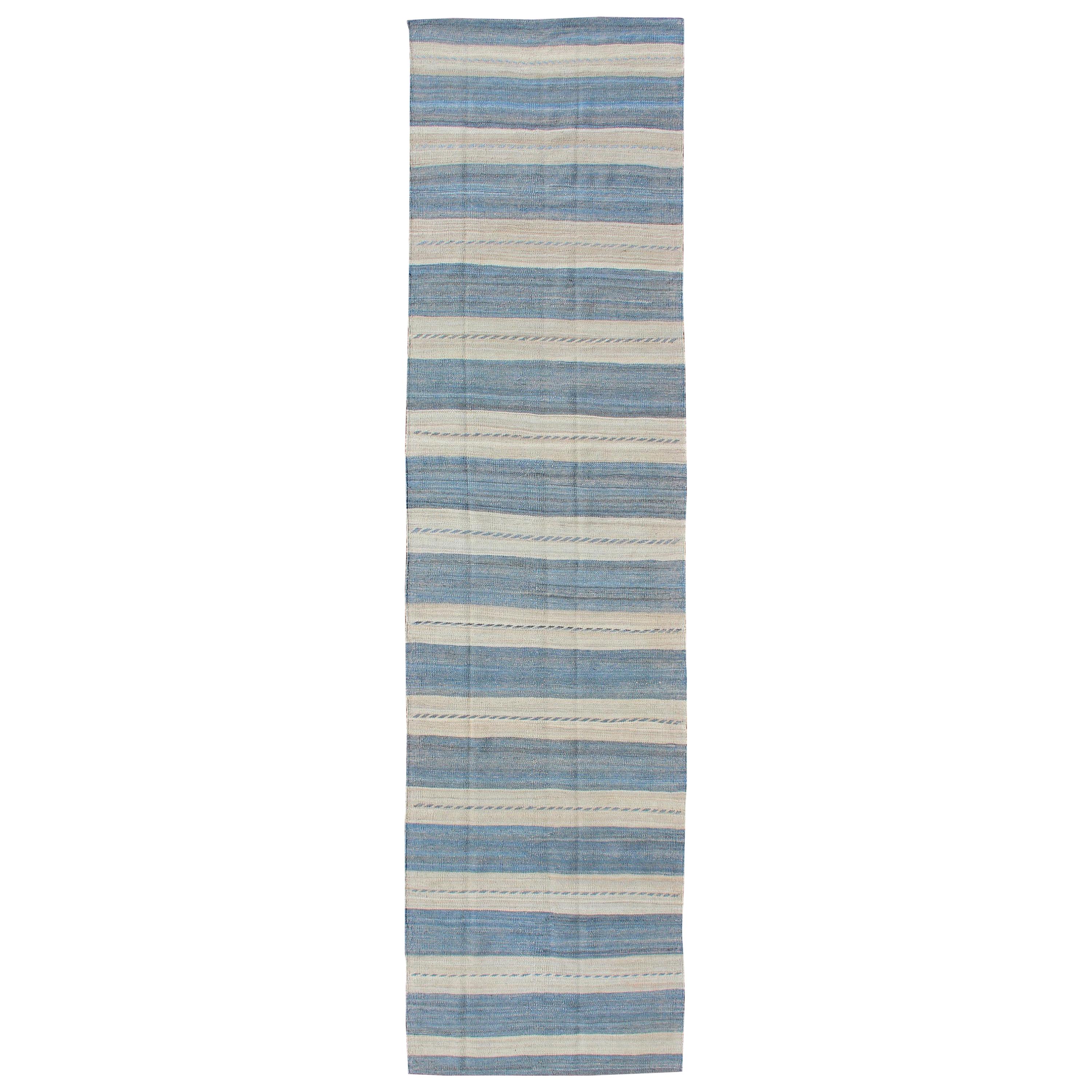 Flat-Weave Modern Kilim Rug with Stripes in Shades of Blue and Ivory
