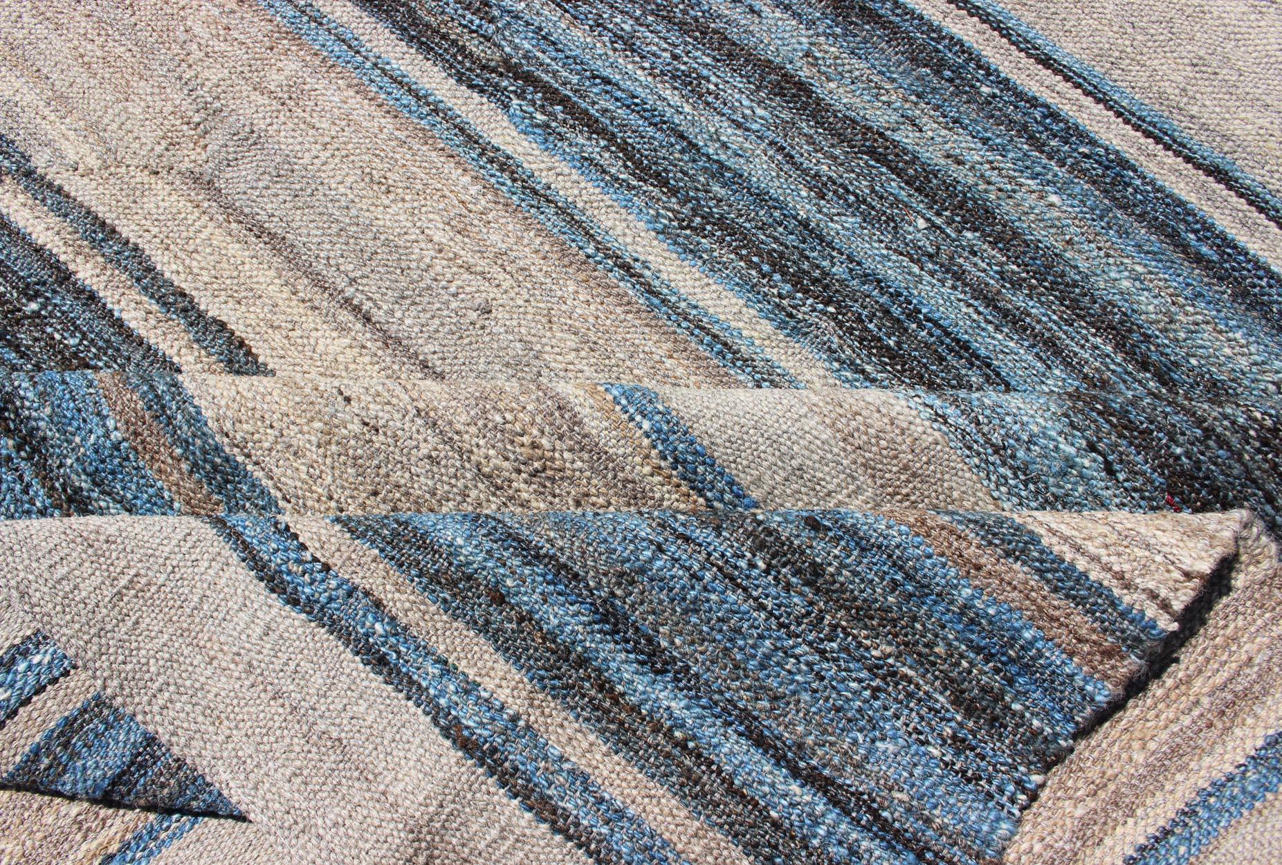 Flat-Weave Modern Kilim Rug with Stripes in Shades of Blue, Charcoal and Ivory For Sale 3