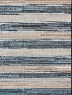 Flat-Weave Modern Kilim Rug with Stripes in Shades of Blue, Charcoal and Ivory