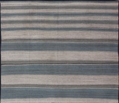 Flat-Weave Modern Kilim Rug with Stripes in Shades of Blue, Charcoal and Ivory