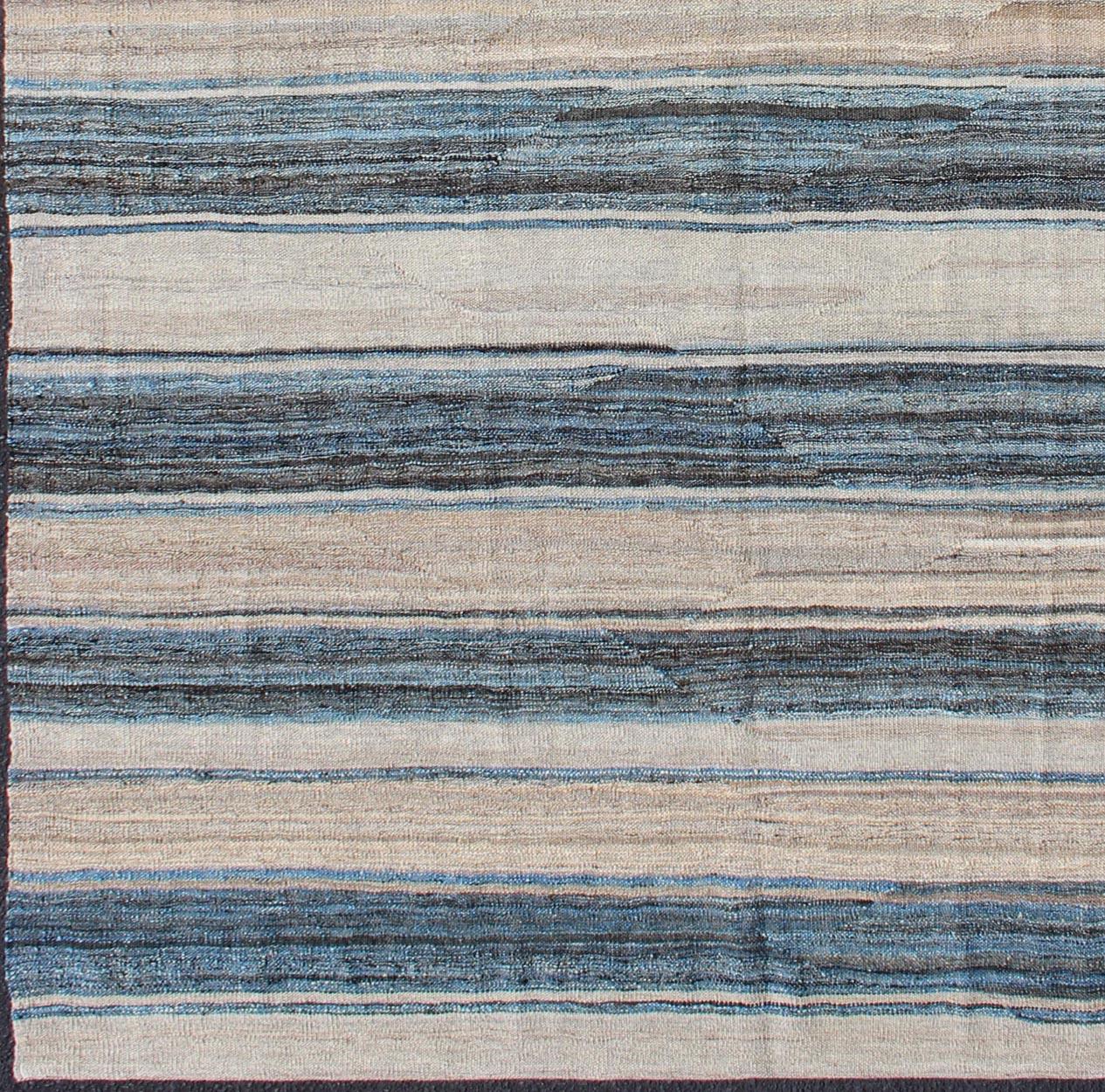 Afghan Flat-Weave Modern Kilim Rug with Stripes in Shades of Blue, Charcoal and Ivory For Sale