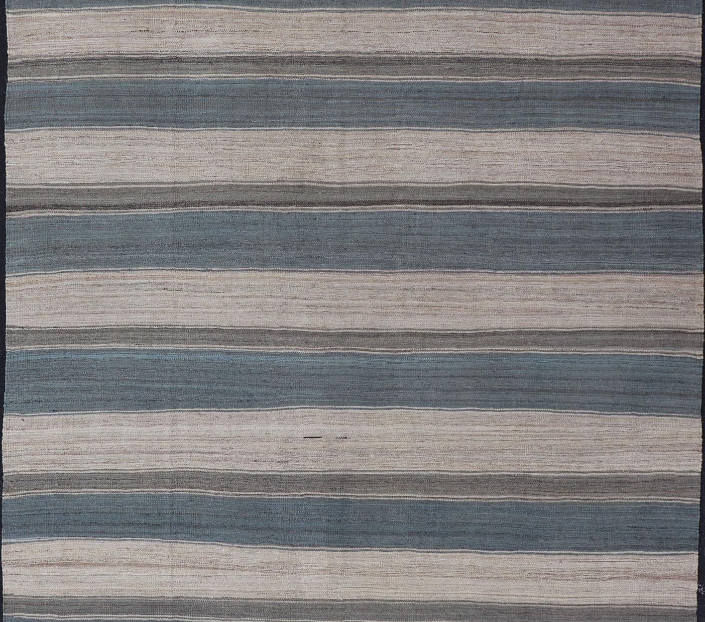 Afghan Flat-Weave Modern Kilim Rug with Stripes in Shades of Blue, Charcoal and Ivory For Sale