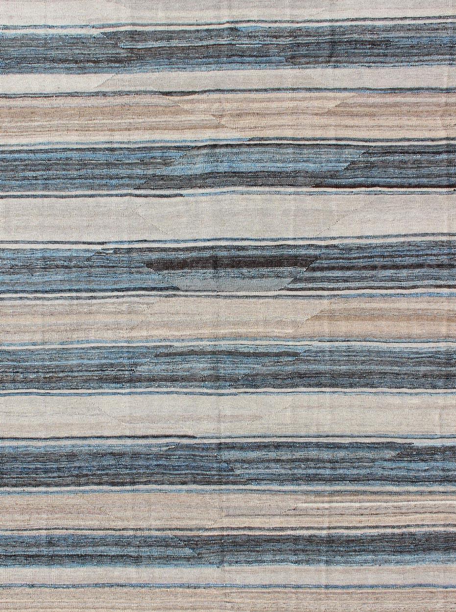 Hand-Woven Flat-Weave Modern Kilim Rug with Stripes in Shades of Blue, Charcoal and Ivory For Sale