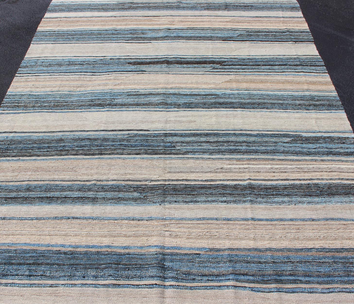 Flat-Weave Modern Kilim Rug with Stripes in Shades of Blue, Charcoal and Ivory In New Condition For Sale In Atlanta, GA