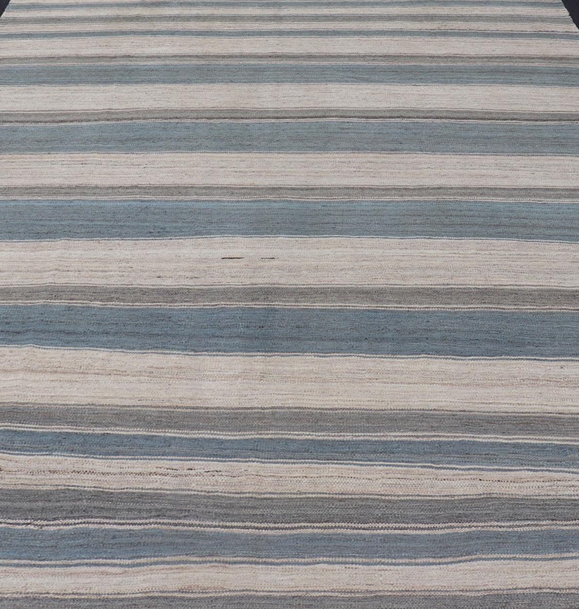 Contemporary Flat-Weave Modern Kilim Rug with Stripes in Shades of Blue, Charcoal and Ivory For Sale