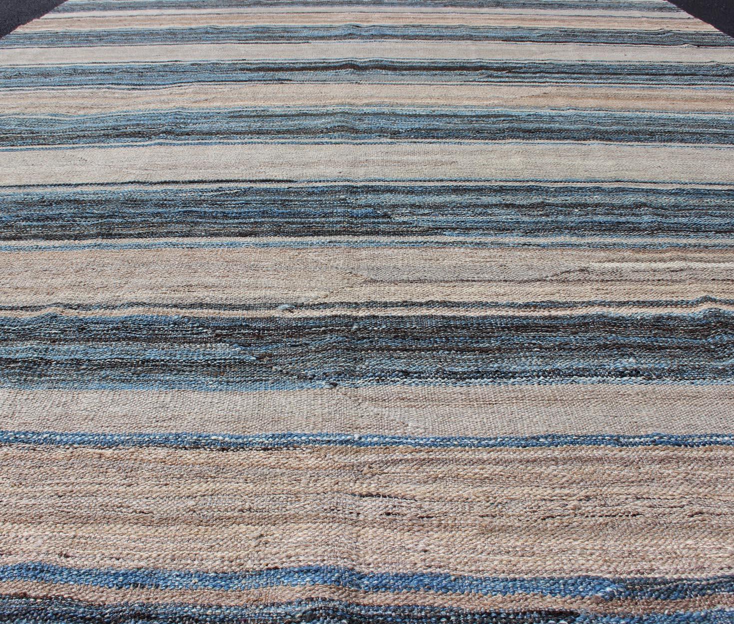 Contemporary Flat-Weave Modern Kilim Rug with Stripes in Shades of Blue, Charcoal and Ivory For Sale