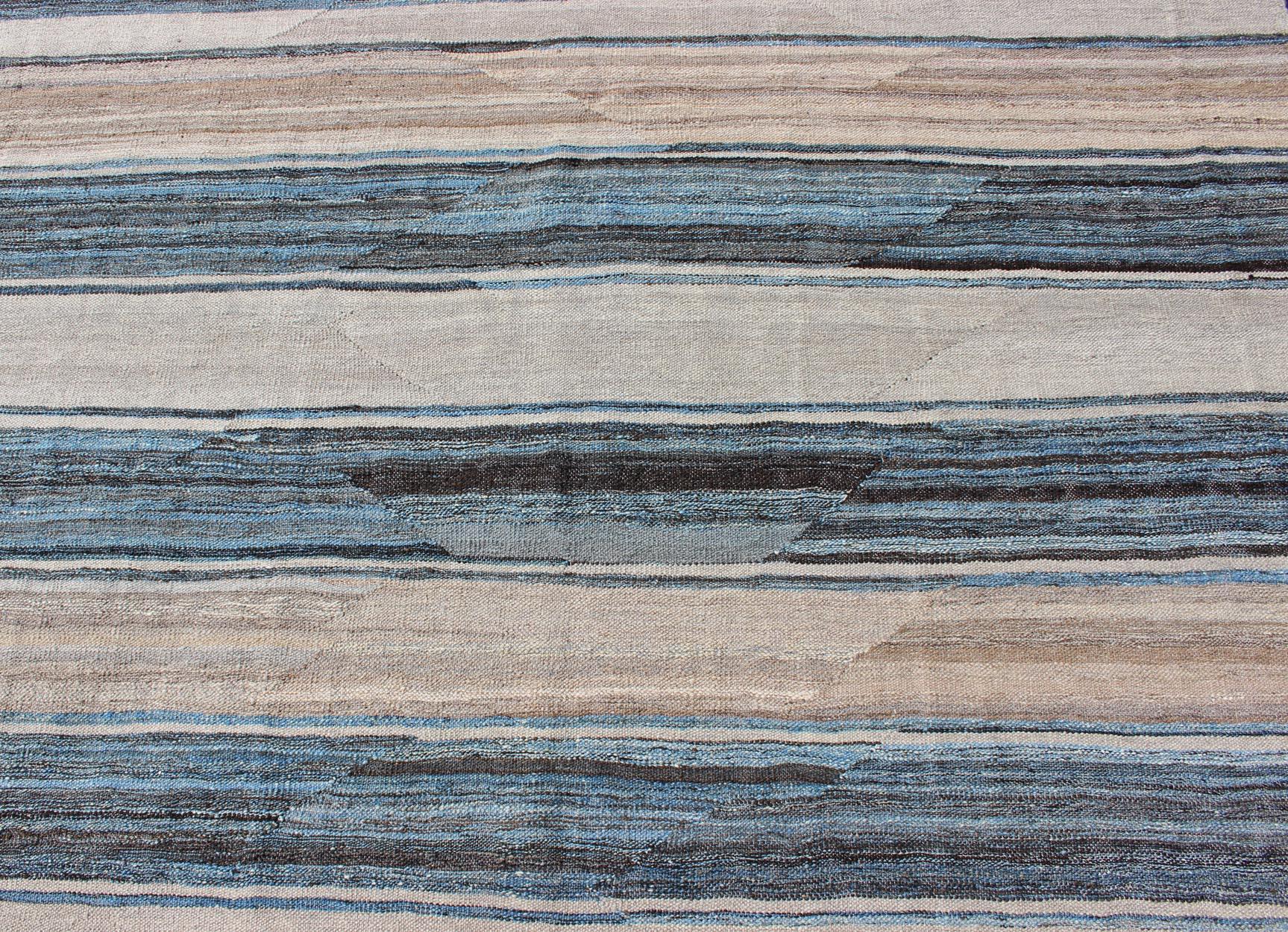 Wool Flat-Weave Modern Kilim Rug with Stripes in Shades of Blue, Charcoal and Ivory For Sale