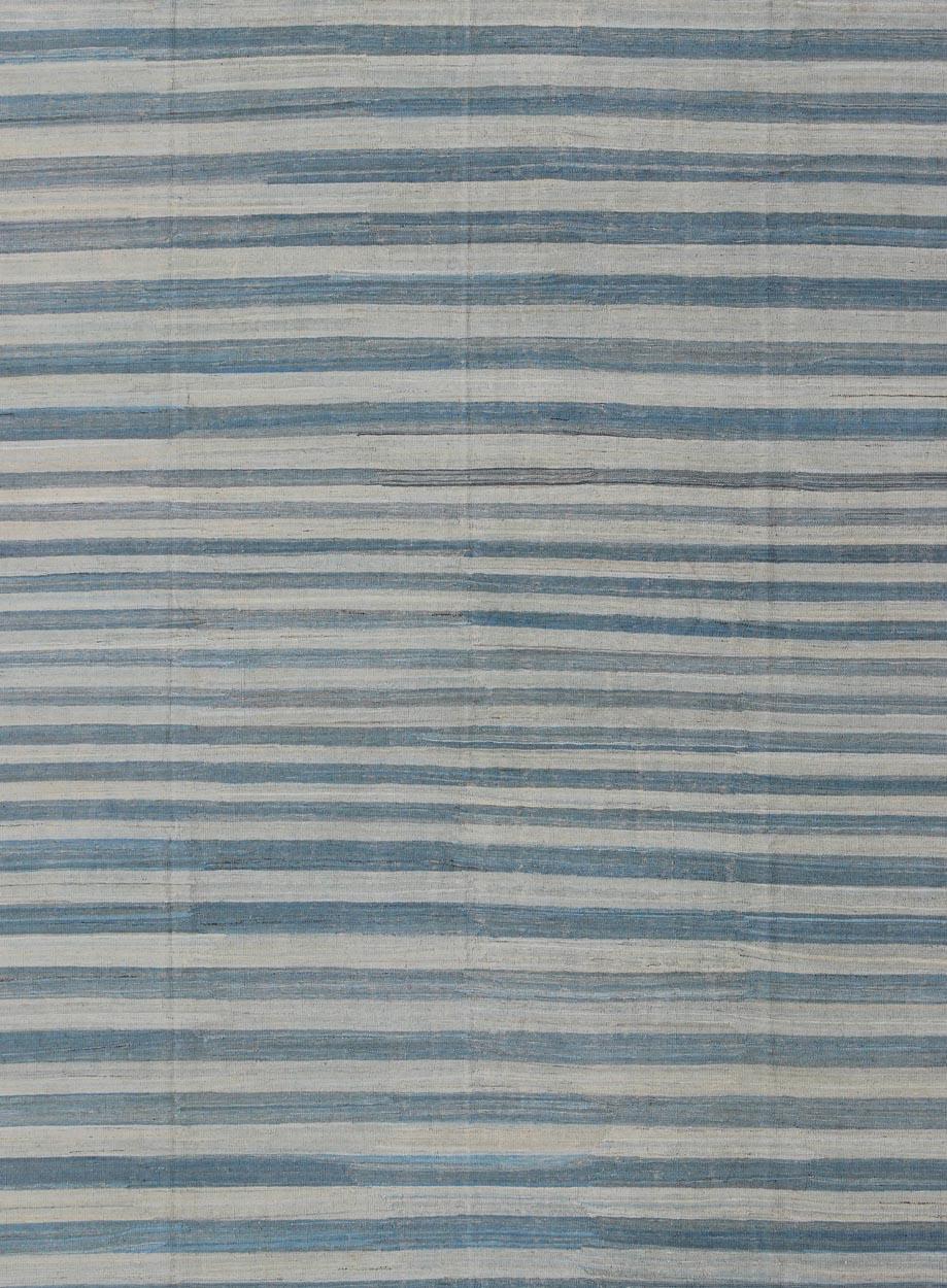 Afghan Flat-Weave Modern Kilim Rug with Stripes in Shades of Blue, Taupe Gray and Ivory