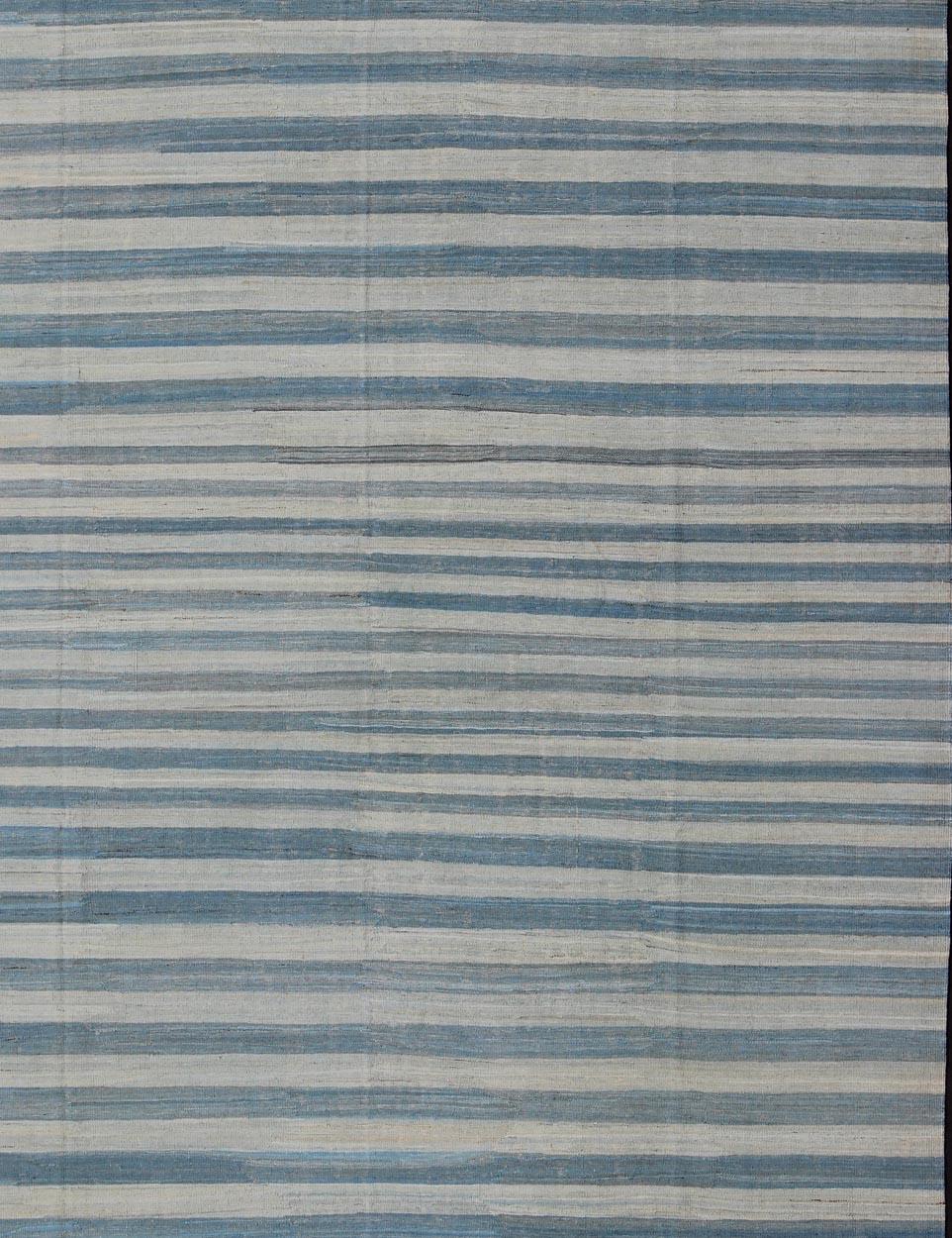 Hand-Woven Flat-Weave Modern Kilim Rug with Stripes in Shades of Blue, Taupe Gray and Ivory