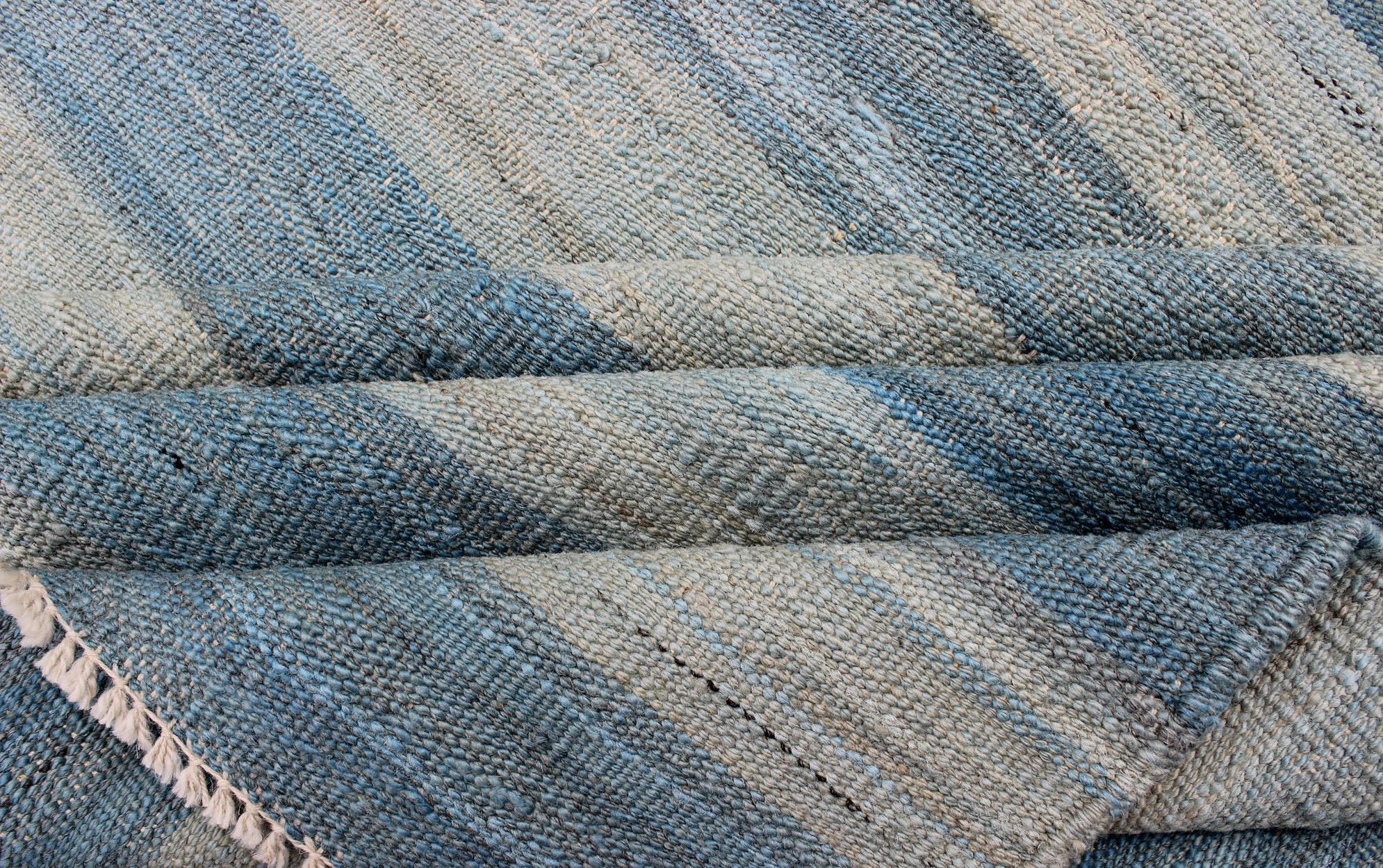 Flat-Weave Modern Kilim Rug with Stripes in Shades of Blue, Taupe Gray and Ivory In New Condition In Atlanta, GA