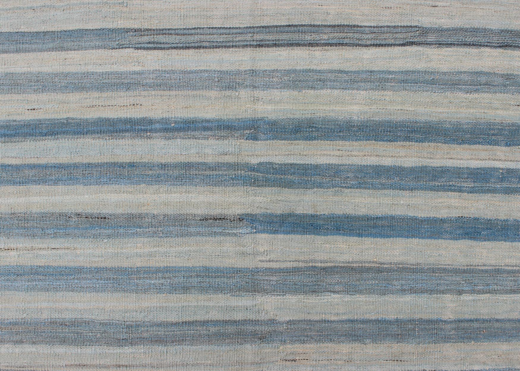 Contemporary Flat-Weave Modern Kilim Rug with Stripes in Shades of Blue, Taupe Gray and Ivory