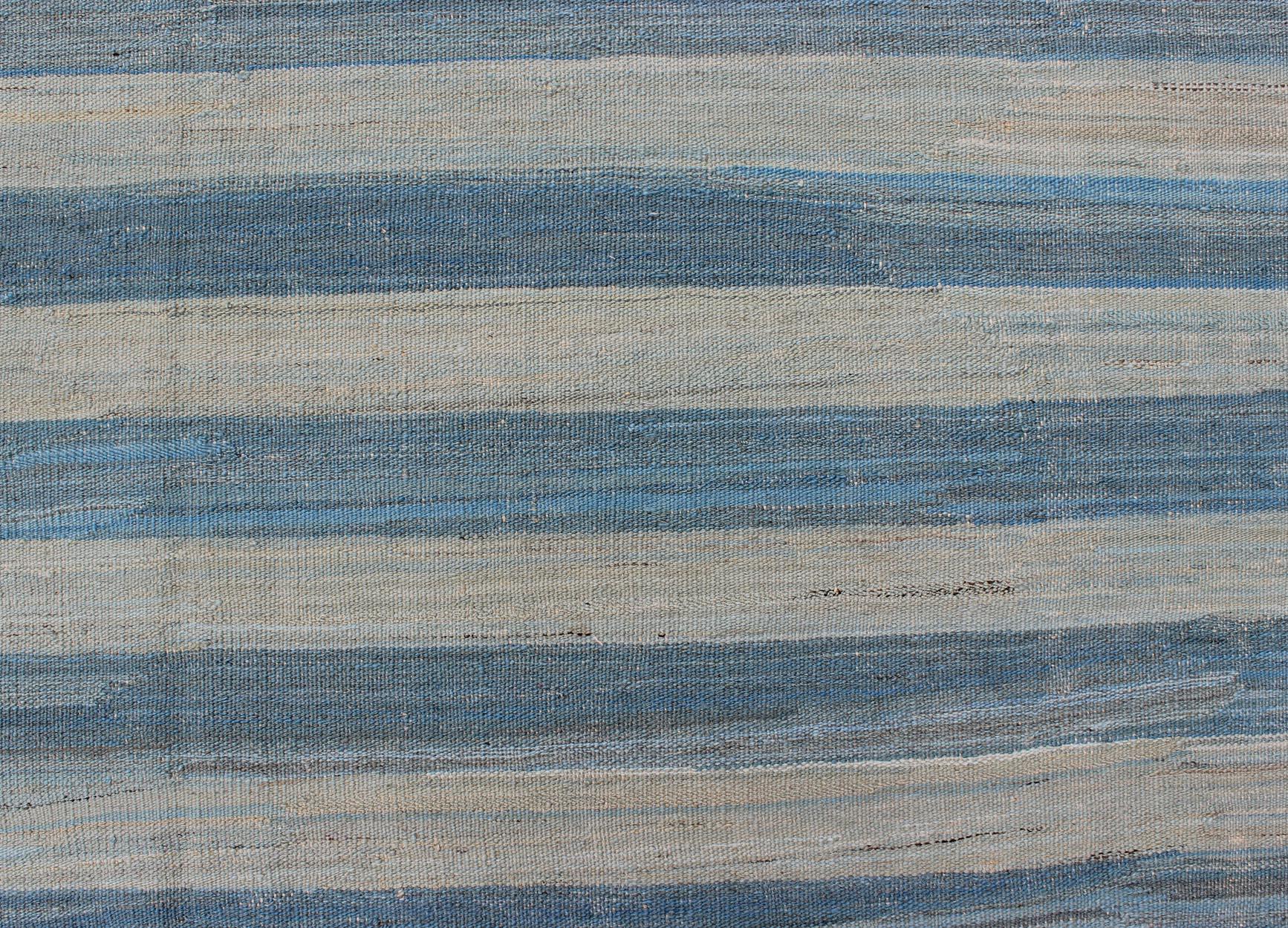 Wool Flat-Weave Modern Kilim Rug with Stripes in Shades of Blue, Taupe Gray and Ivory