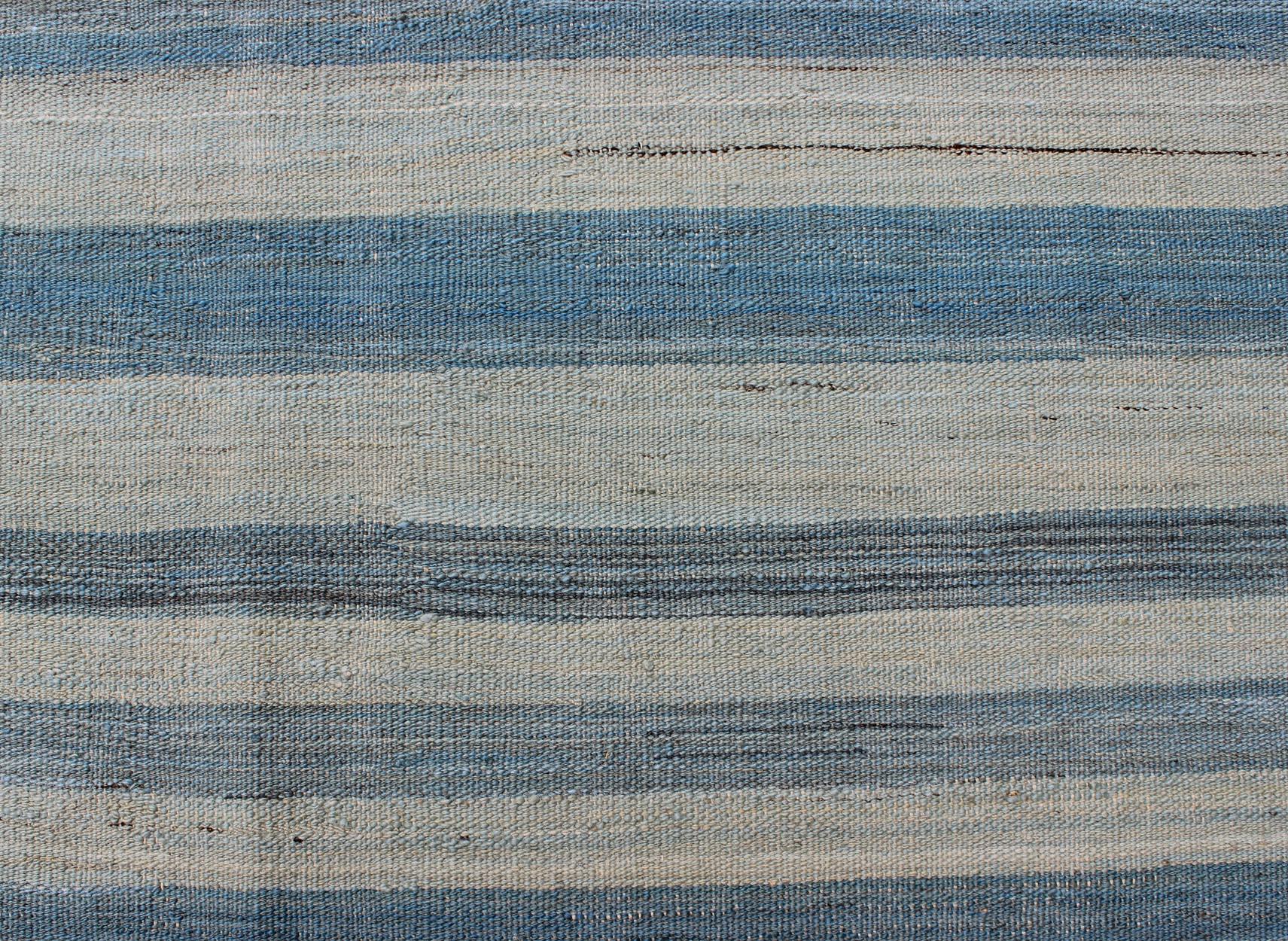 Flat-Weave Modern Kilim Rug with Stripes in Shades of Blue, Taupe Gray and Ivory 1