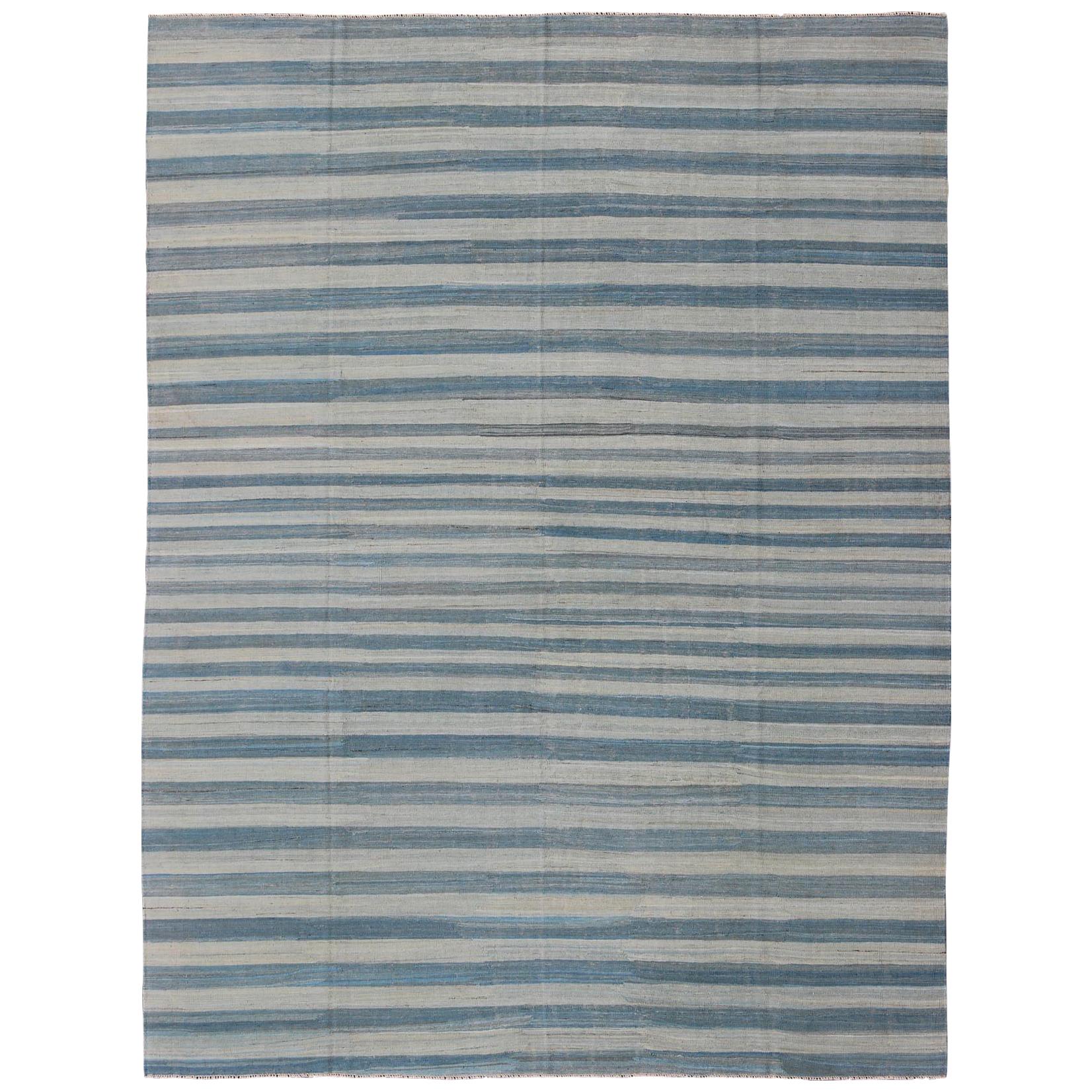 Flat-Weave Modern Kilim Rug with Stripes in Shades of Blue, Taupe Gray and Ivory
