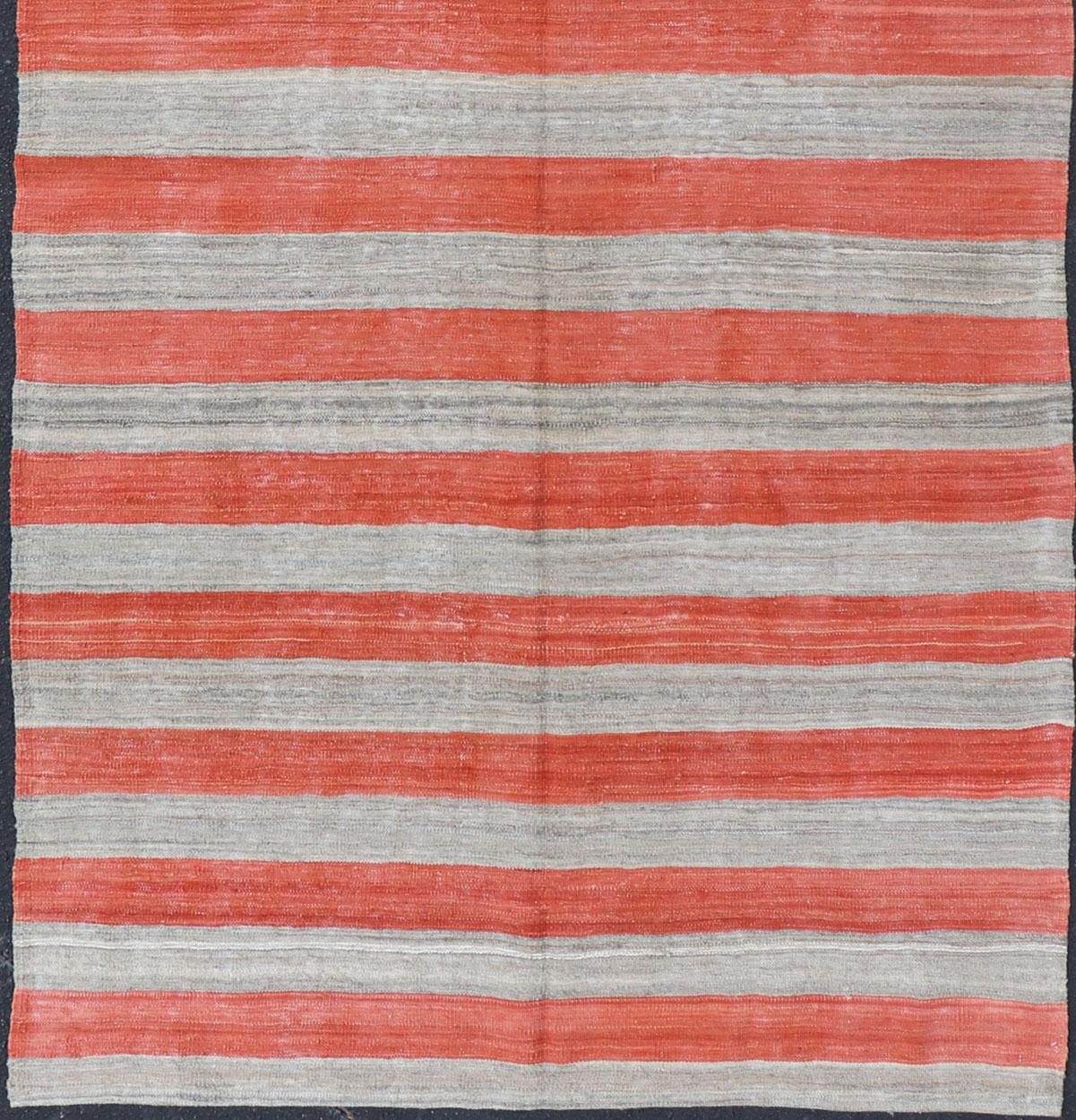 Hand-Woven Flat-Weave Modern Kilim Wide Runner with Stripes in Shades of Orange Red & Gray For Sale