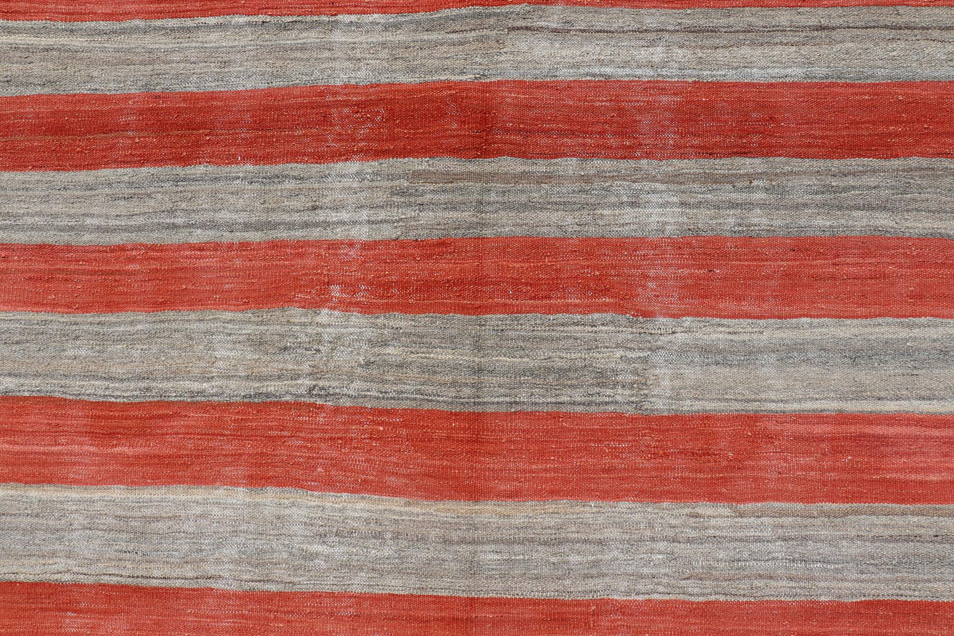 Wool Flat-Weave Modern Kilim Wide Runner with Stripes in Shades of Orange Red & Gray For Sale