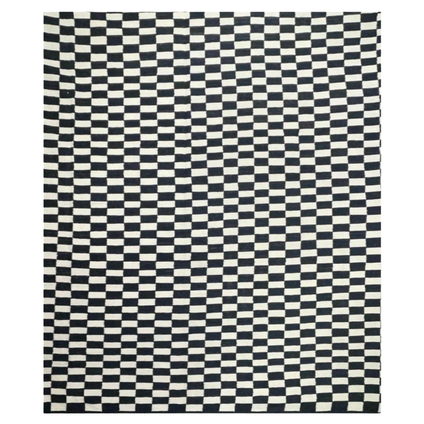 Flat-weave rug Swedish style Black White Mazandaran Kilim Scandinavian Modern For Sale