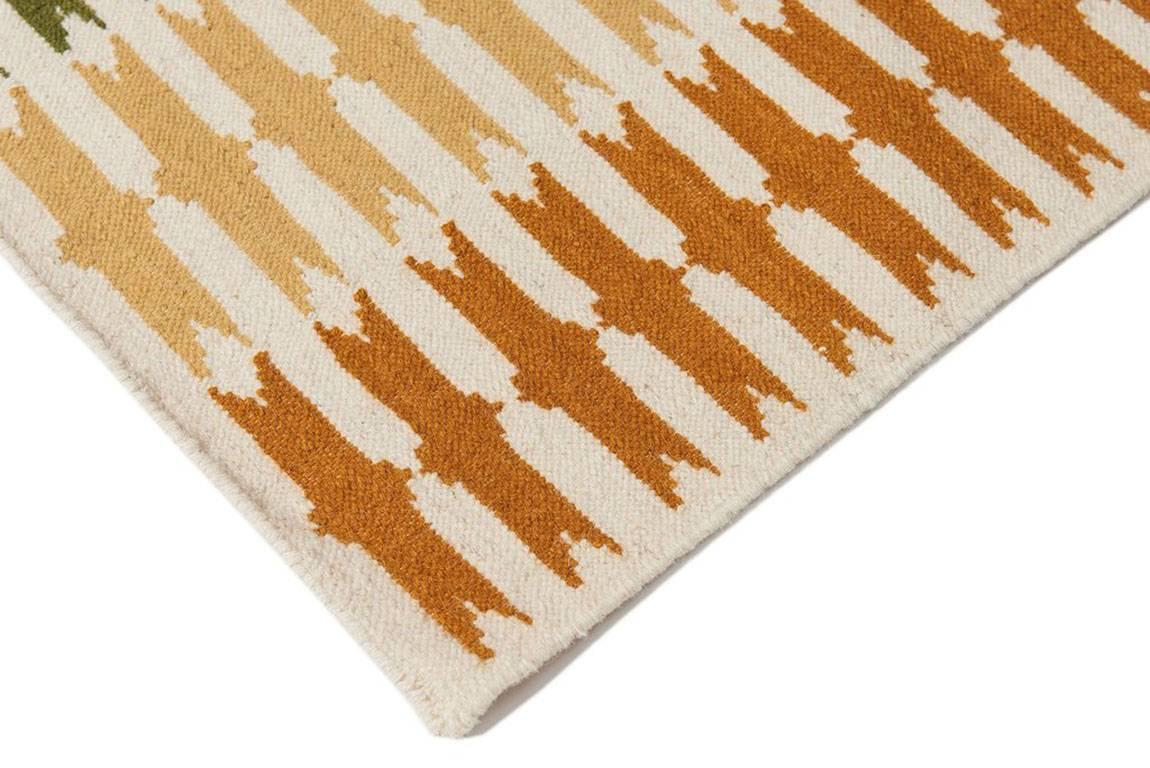Aelfie rugs are designed in Brooklyn and handmade by artisans in India.
80% wool, 20% cotton. Measures: 8'x 10' 
Reversible.
Sizes are listed in feet.
Spot clean. Vacuum.
Handmade.
Please note dimensions of listed rug are different that in photo
