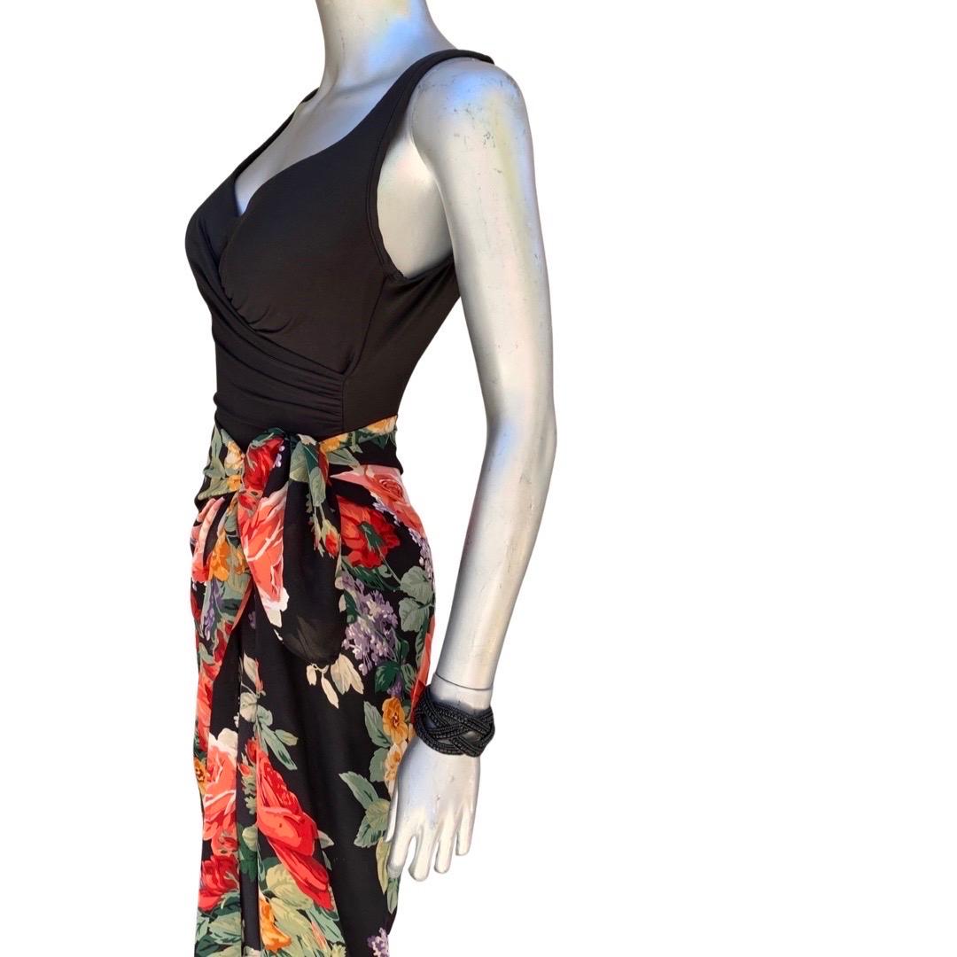 Flattering Black One-Piece Swimsuit w/ Black Silk Floral Scarf Sarong Size 10 8