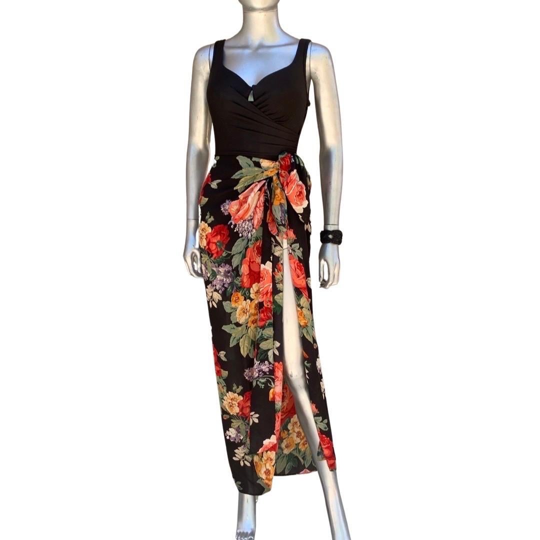 Beige Flattering Black One-Piece Swimsuit w/ Black Silk Floral Scarf Sarong Size 10