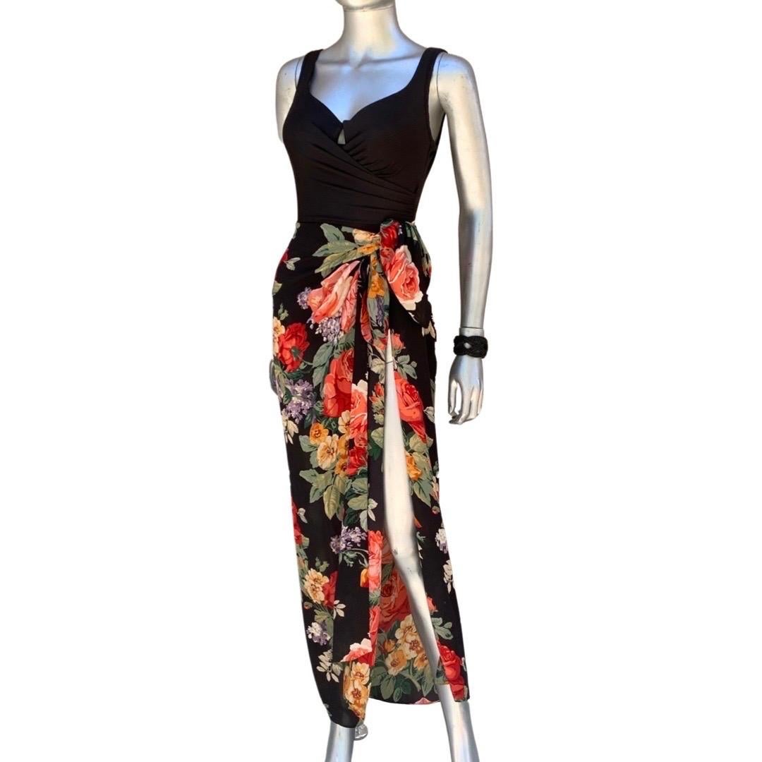 Women's Flattering Black One-Piece Swimsuit w/ Black Silk Floral Scarf Sarong Size 10 For Sale