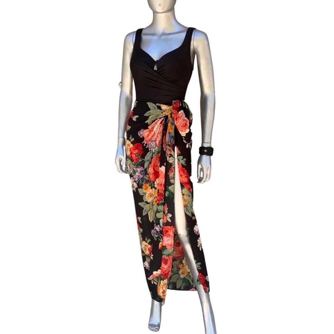 Flattering Black One-Piece Swimsuit w/ Black Silk Floral Scarf Sarong Size 10 3