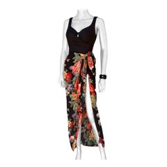 Flattering Black One-Piece Swimsuit w/ Black Silk Floral Scarf Sarong Size 10