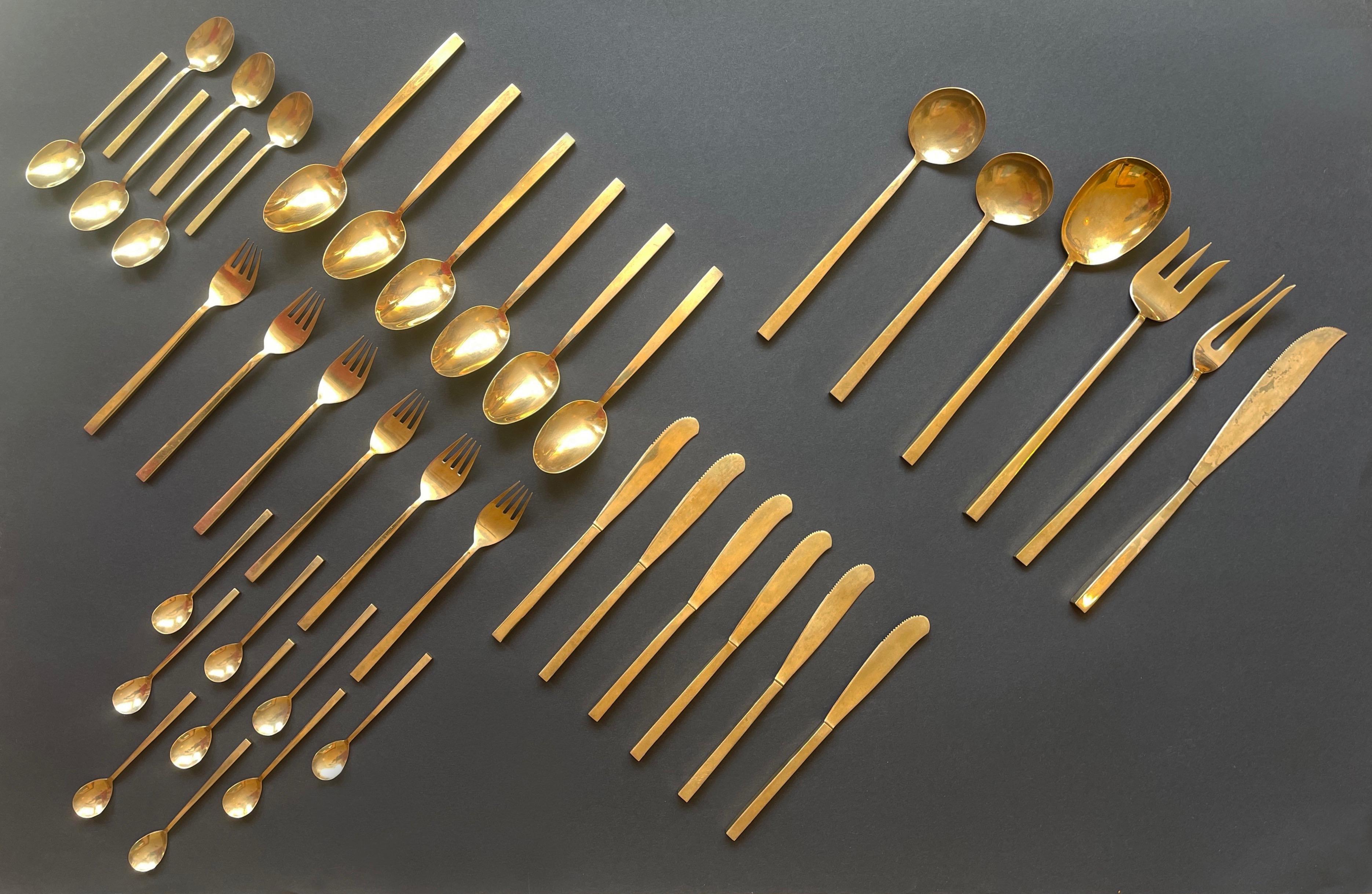 ''Scanline'' design by Sigvard Bernadotte, around 1955.
Brass/bronze shimmering flatware.
Sigvard Bernadotte (1907-2002). 
The RISD Museum - Rhode Island School of Design Museum holds the proof, the design is indeed by Bernadotte:
The manufacturer