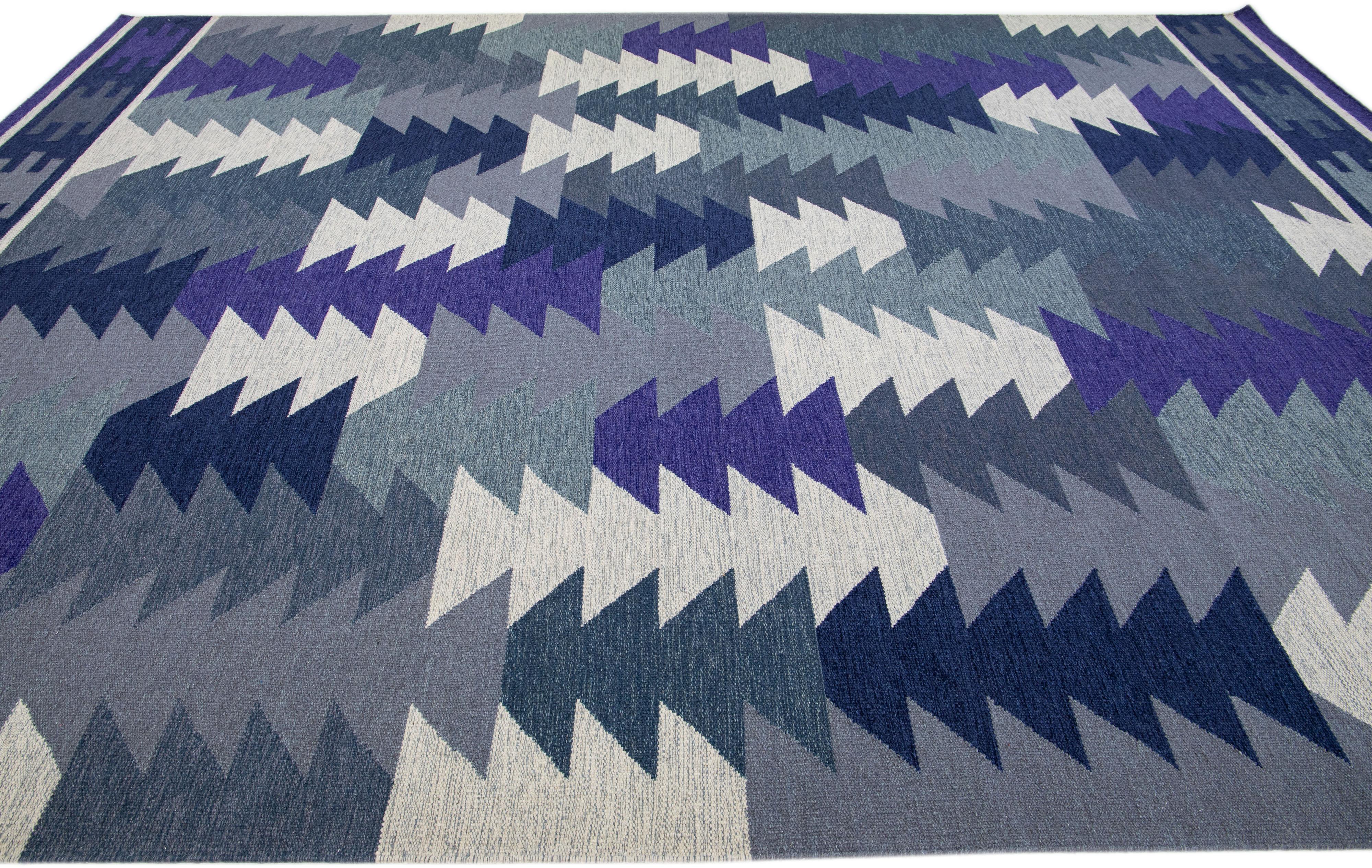 Hand-Knotted Flatweave Contemporary Kilim Wool Rug with Abstract Motif in Grey & Purple For Sale