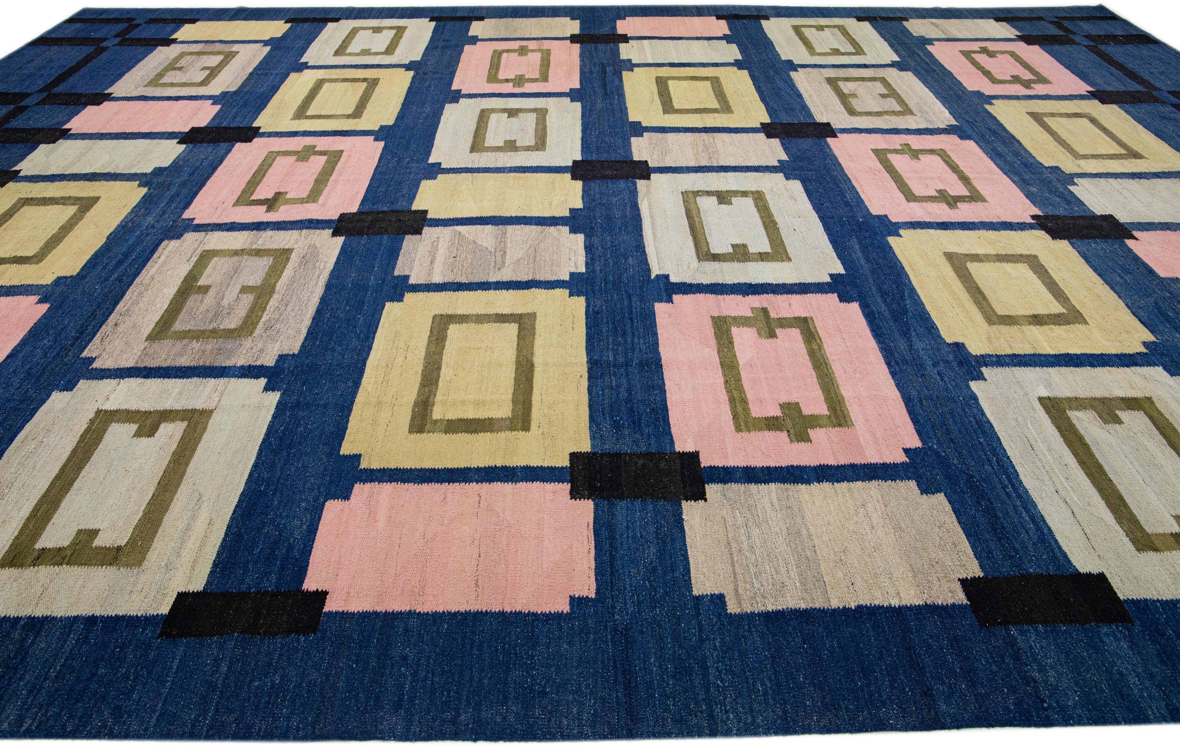 Hand-Knotted Flatweave Kilim Wool Rug Mid-Century Modern Style in Blue For Sale