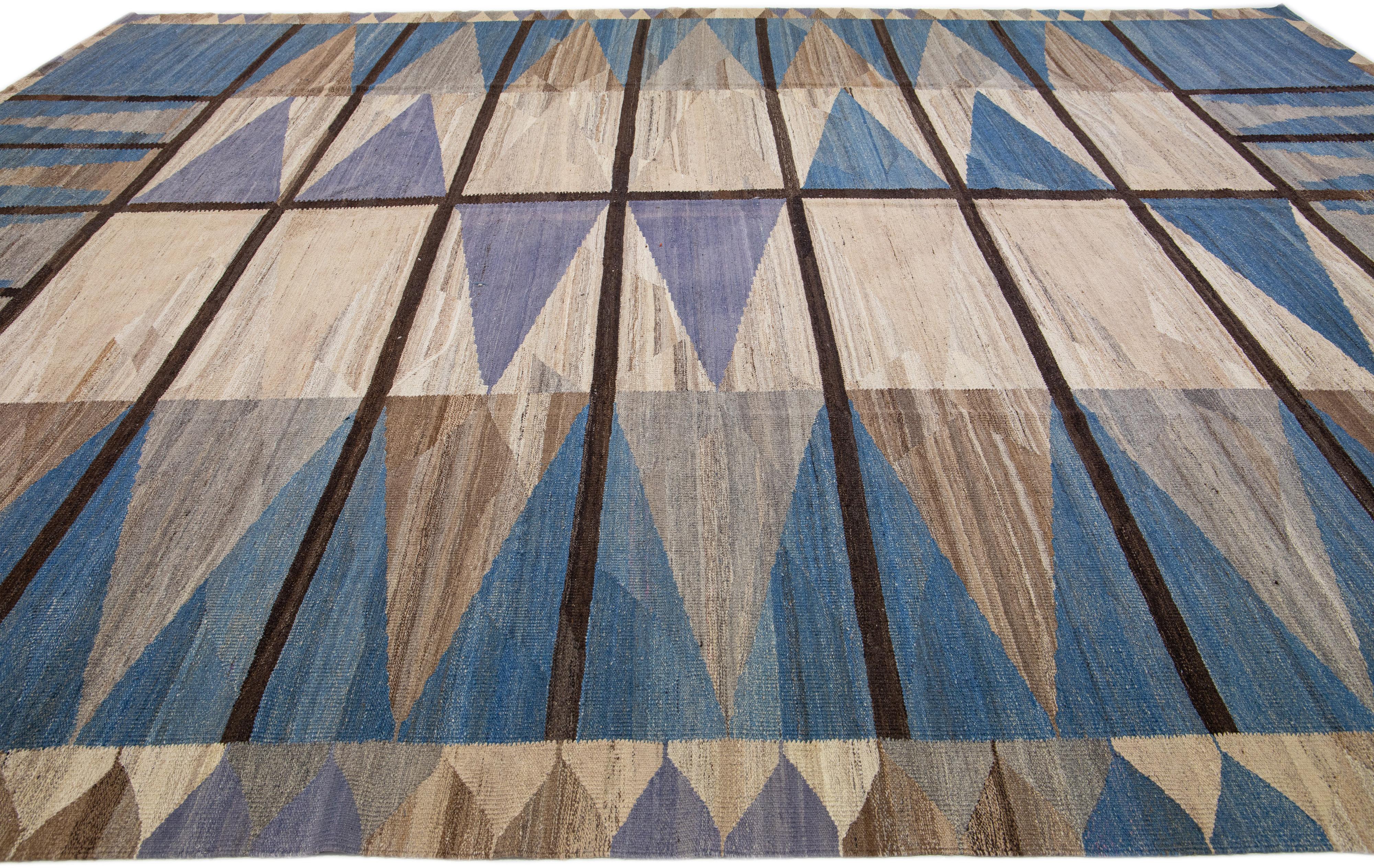 Hand-Knotted  Flatweave Modern Deco Kilim Wool Rug in Brown / Blue For Sale