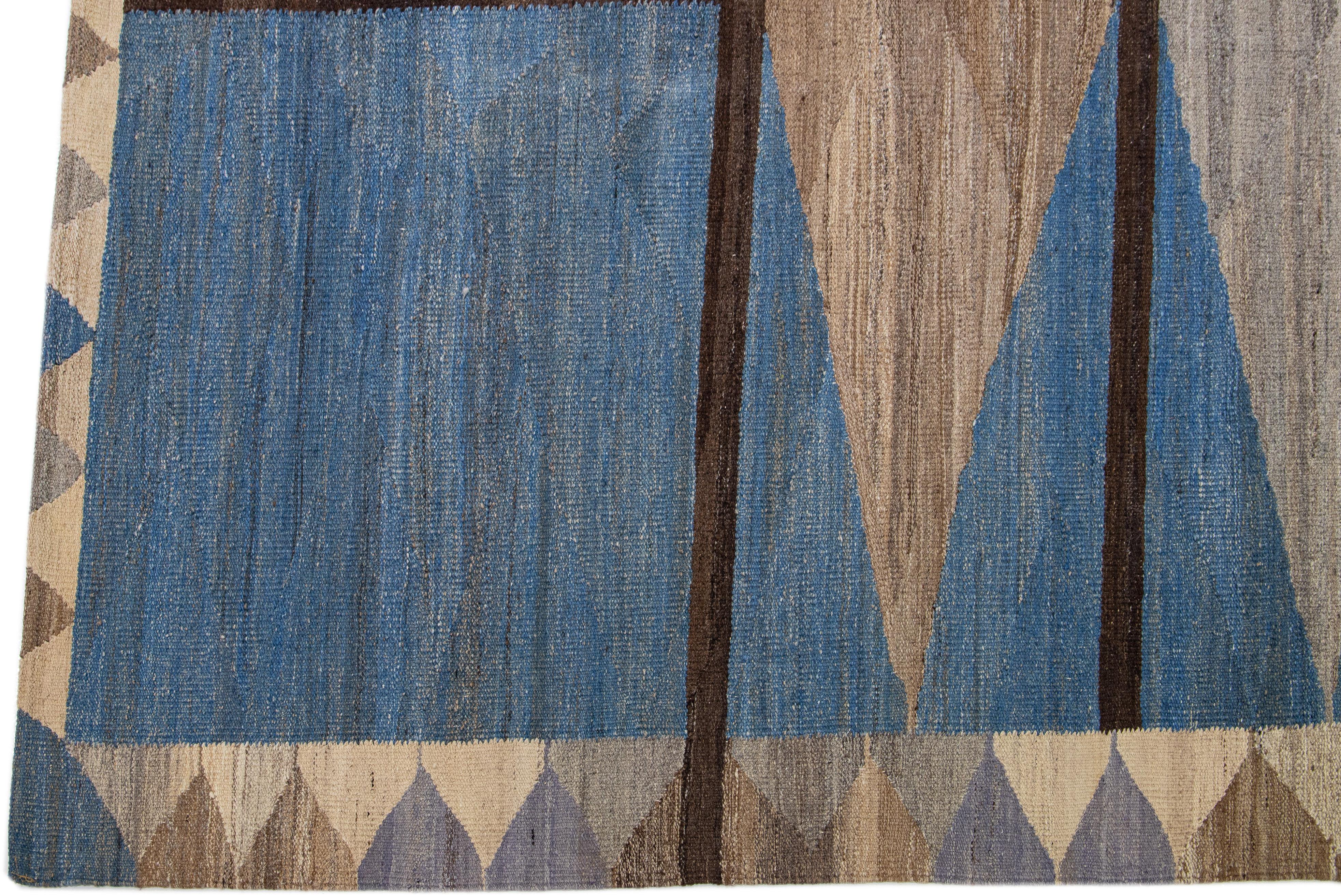  Flatweave Modern Deco Kilim Wool Rug in Brown / Blue In New Condition For Sale In Norwalk, CT