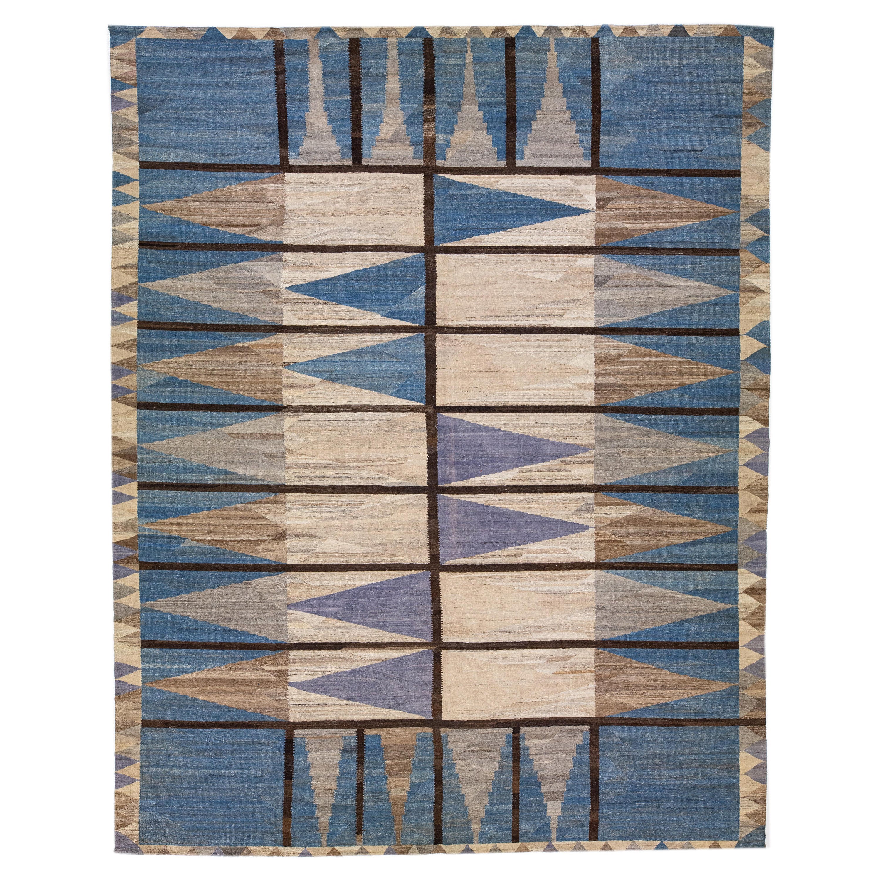 Tappeto in lana a trama piatta Modern Deco Rug & Kilim in marrone/blu