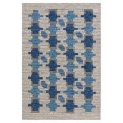 Moderner, geometrischer Flachgewebe-Teppich aus Wolle in Schiefergrau „Cross“ von Doris Leslie Blau