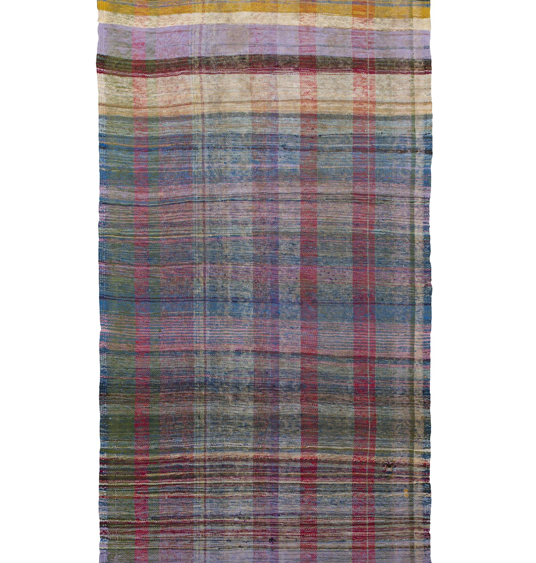 Persiano Tappeto Runner a strisce a trama piatta 3 ft x 9 ft - Blu e Rosso in vendita