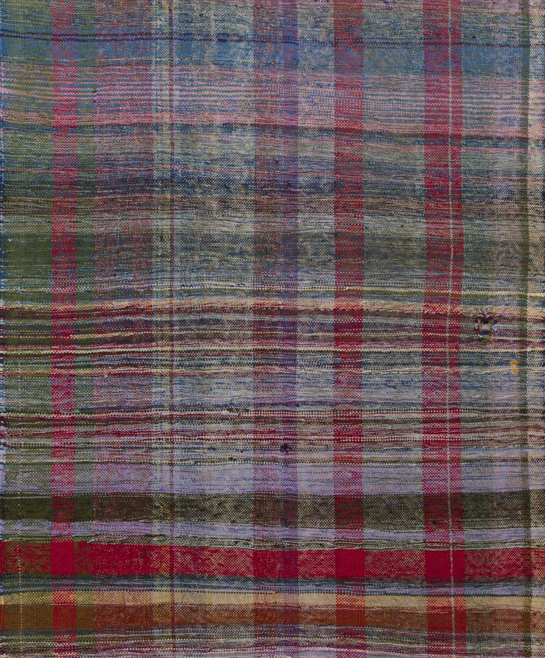 Tessuto a mano Tappeto Runner a strisce a trama piatta 3 ft x 9 ft - Blu e Rosso in vendita