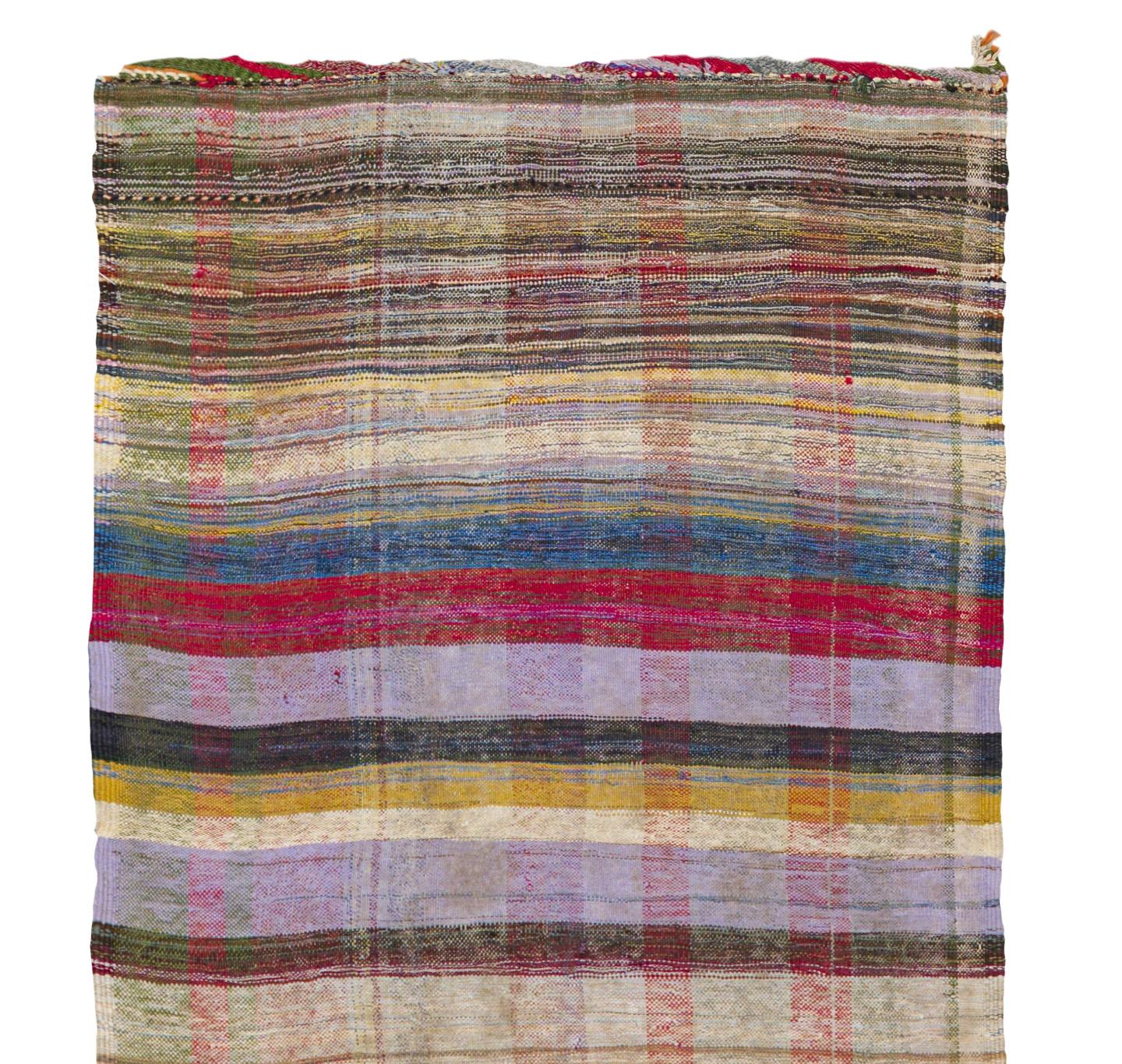 Inizio XX secolo Tappeto Runner a strisce a trama piatta 3 ft x 9 ft - Blu e Rosso in vendita