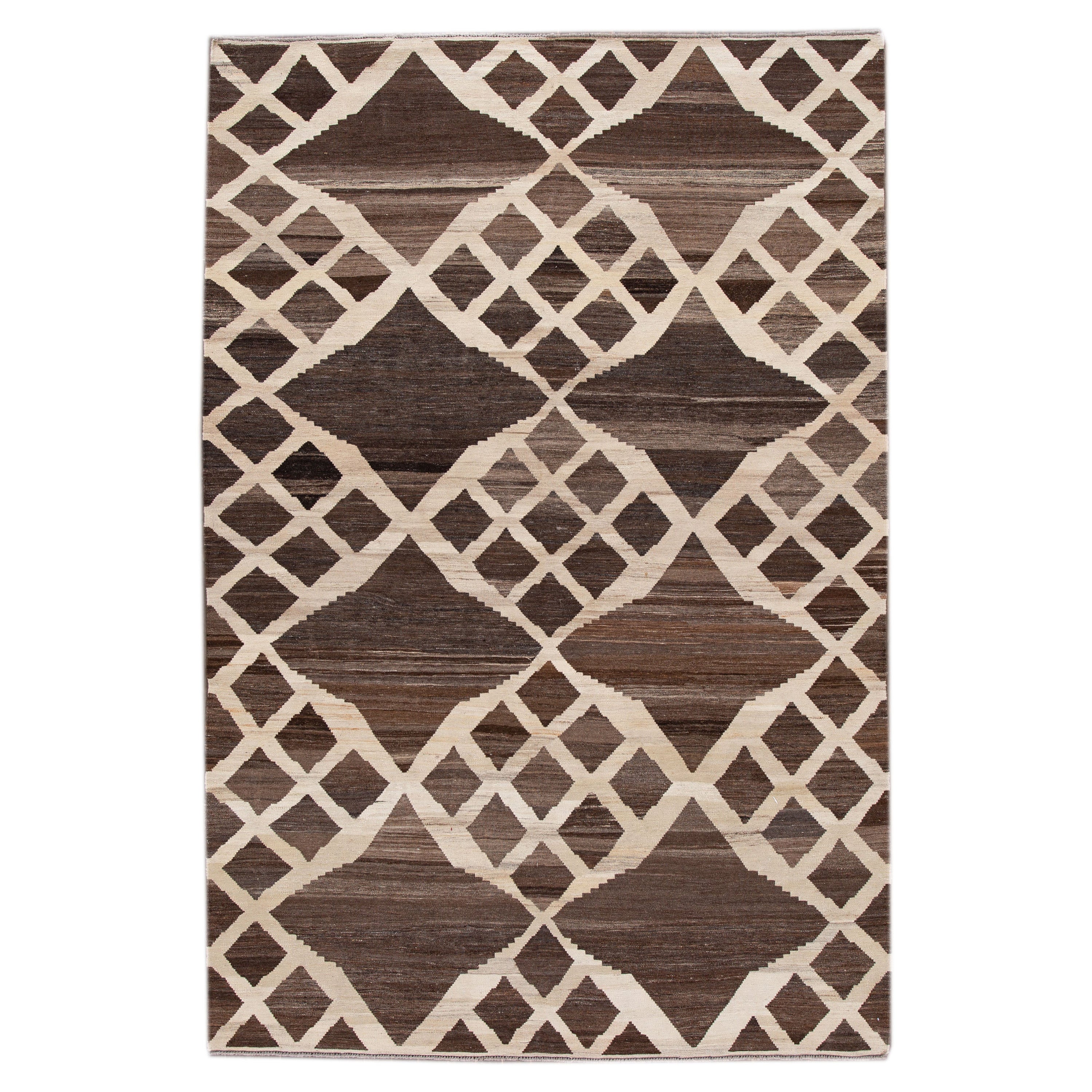 Tappeto turco a trama piatta in lana Kilim marrone con motivo geometrico