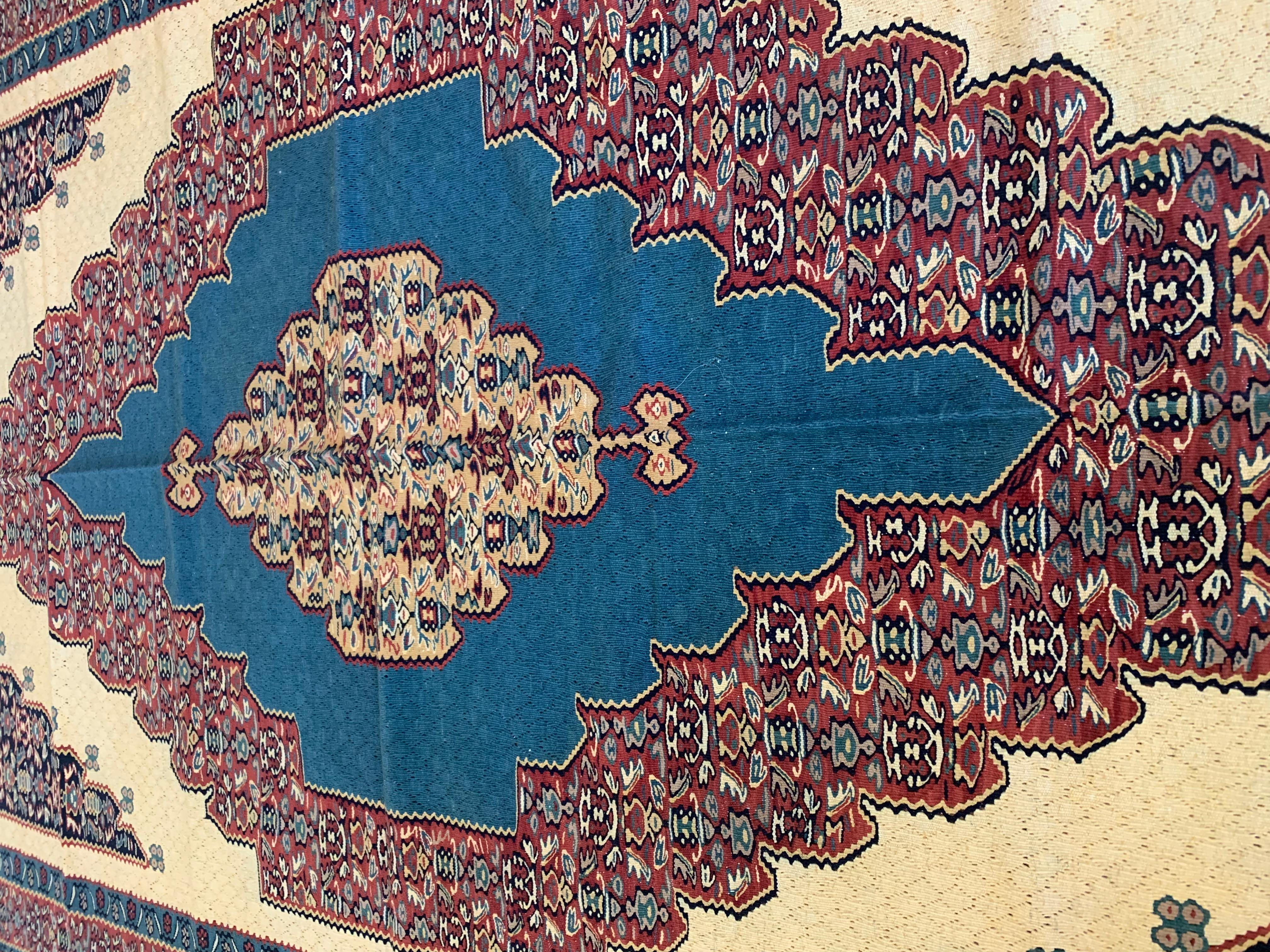 Flatwoven Carpet Beige Blue Wool Kilim Handmade Oriental Living Area Rug For Sale 3