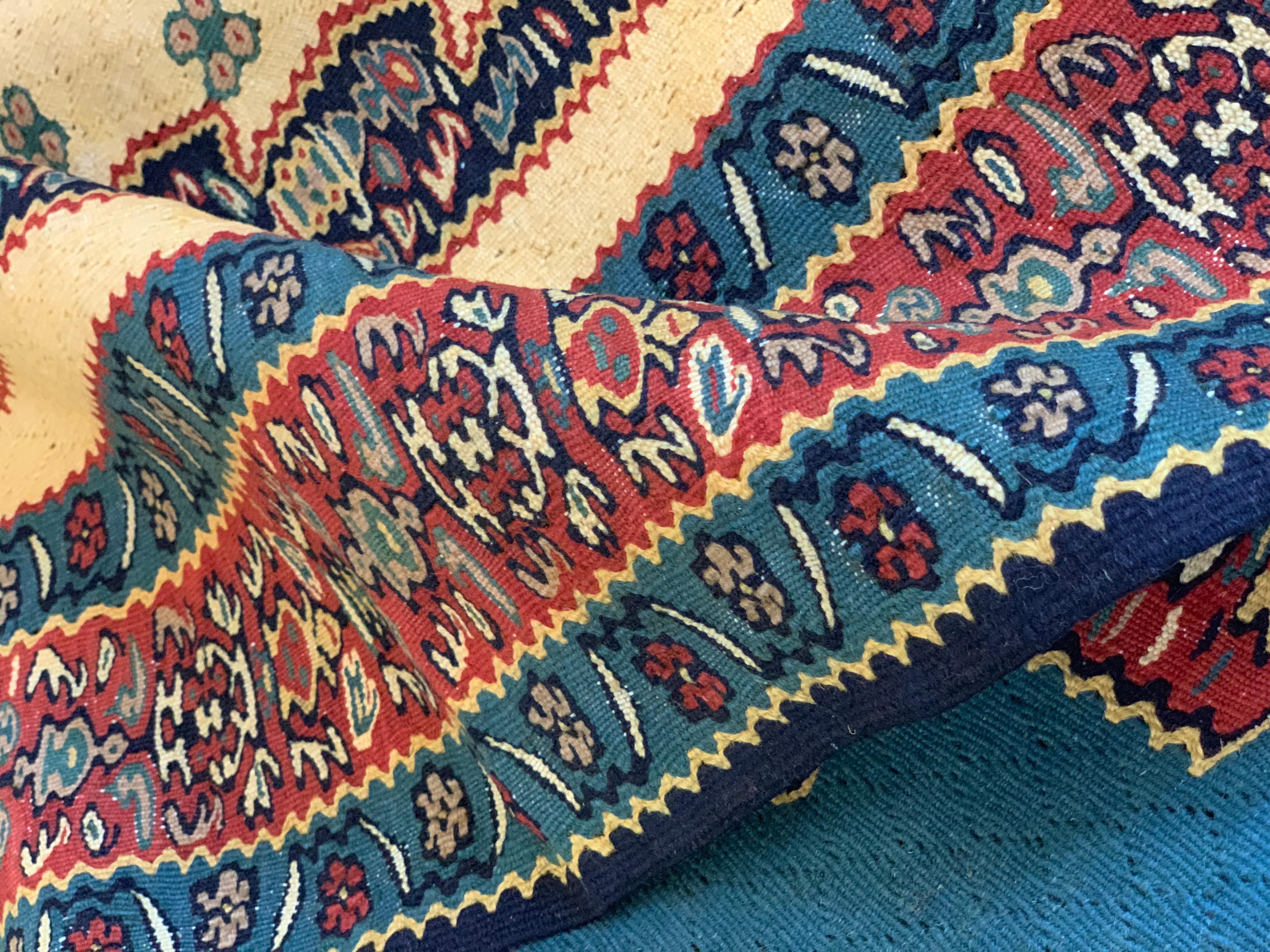 Flatwoven Carpet Beige Blue Wool Kilim Handmade Oriental Living Area Rug For Sale 4