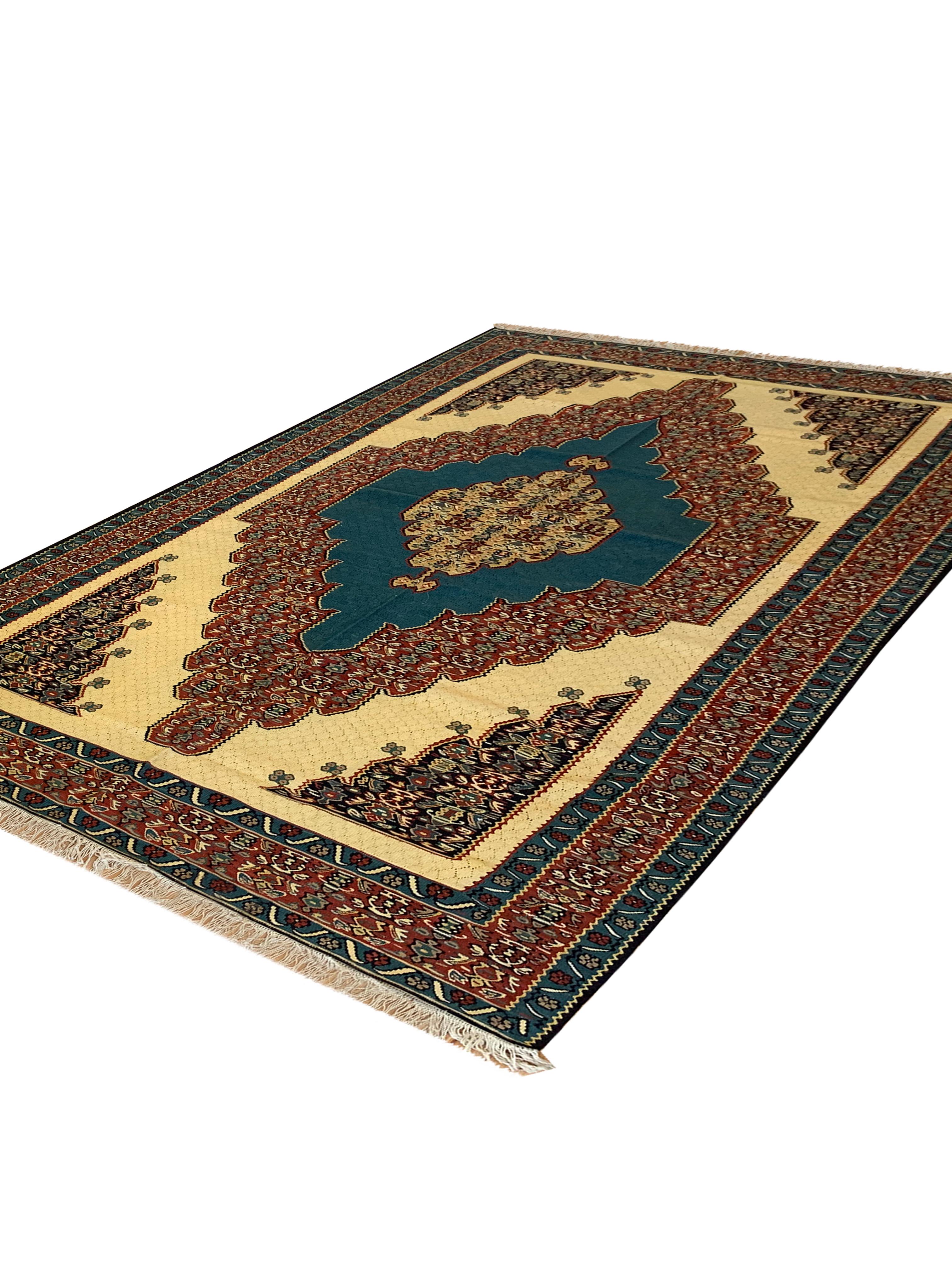 Tribal Flatwoven Carpet Beige Blue Wool Kilim Handmade Oriental Living Area Rug For Sale