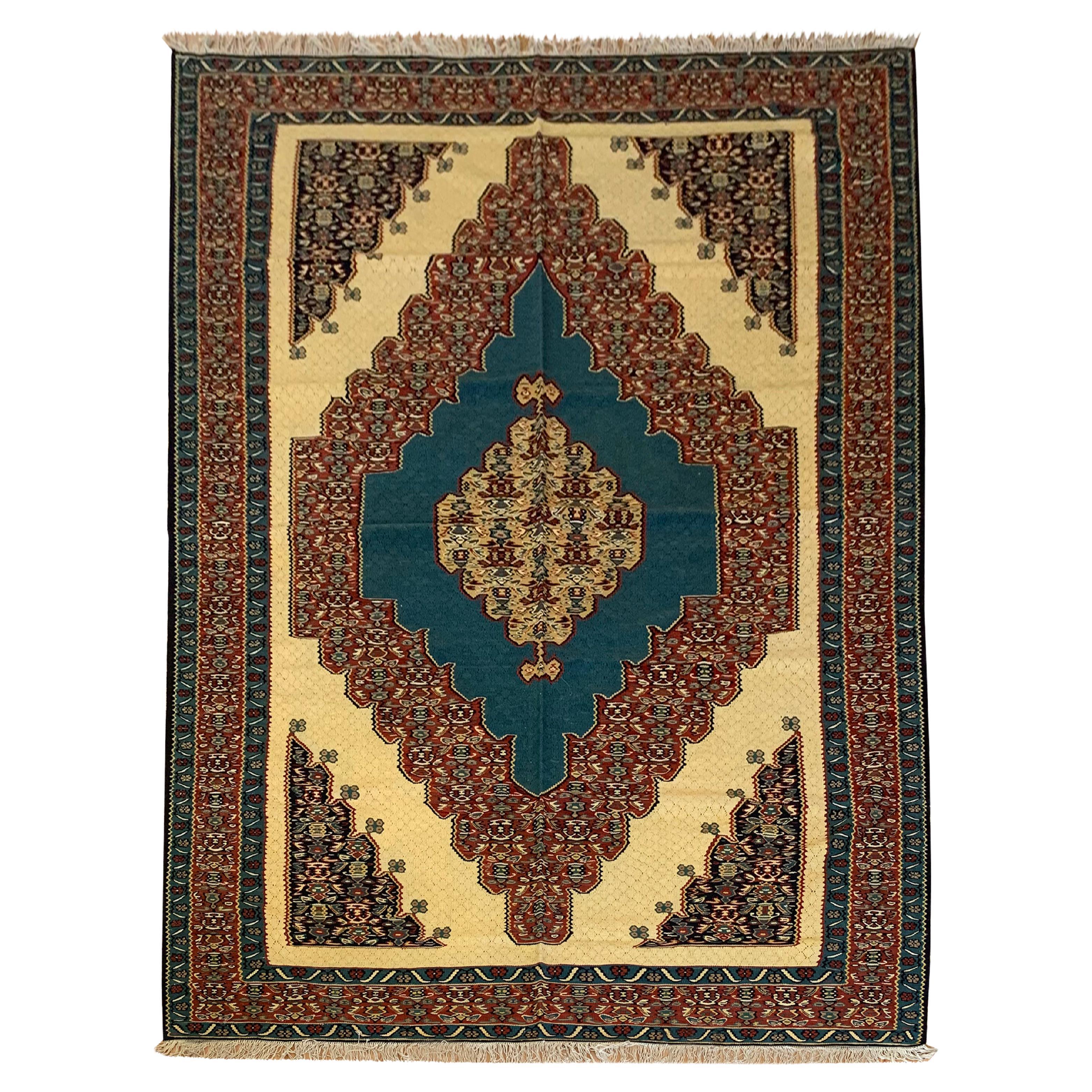 Flatwoven Carpet Beige Blue Wool Kilim Handmade Oriental Living Area Rug For Sale