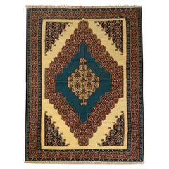 Handgewebter Flachgewebter Teppich aus Wolle und Kelim in Beige und Blau, orientalischer Wohnbereich
