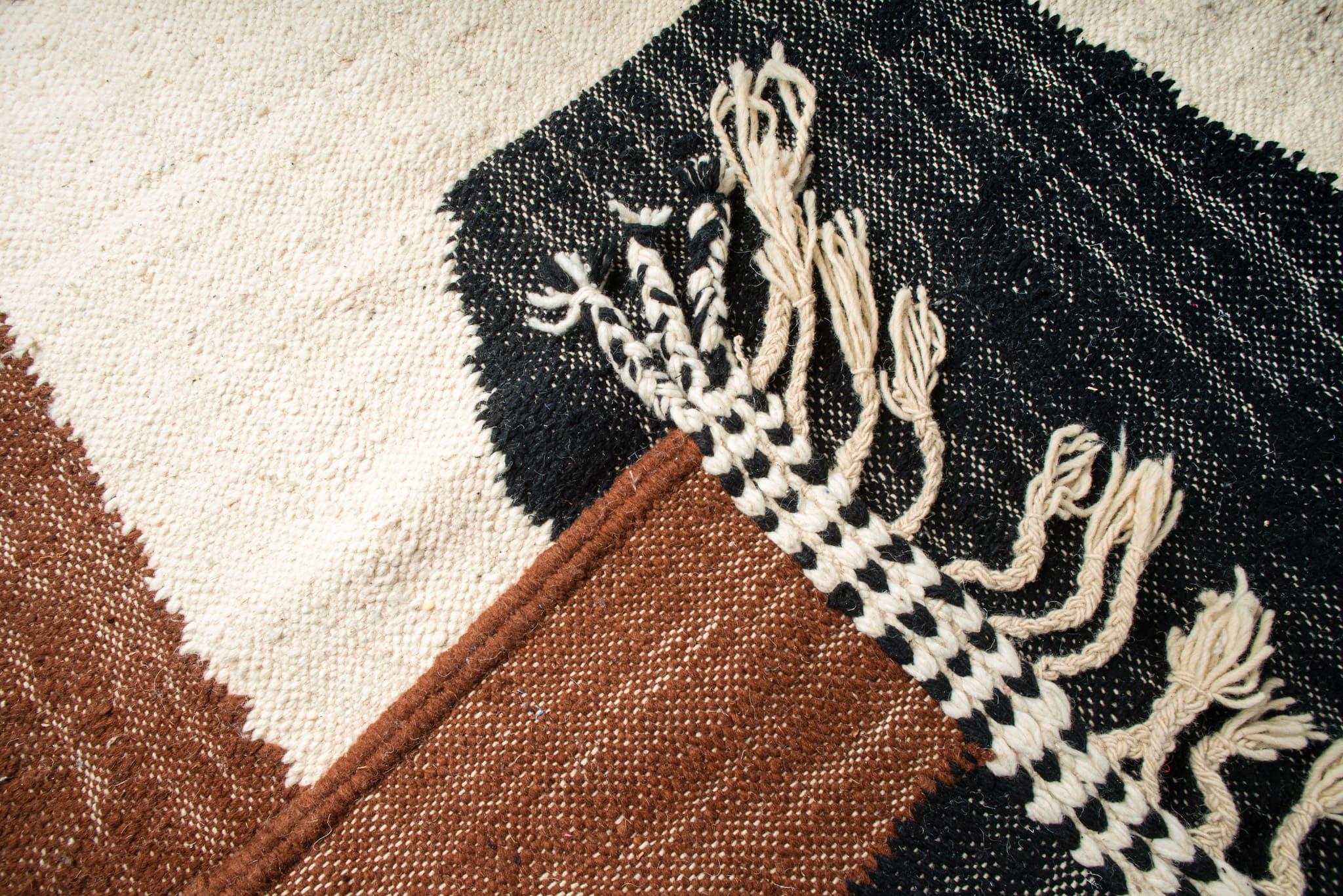 Bohemian Flatwoven rug, Moroccan Biege and Brown Color Wool Rug with Tassels, In Stock For Sale